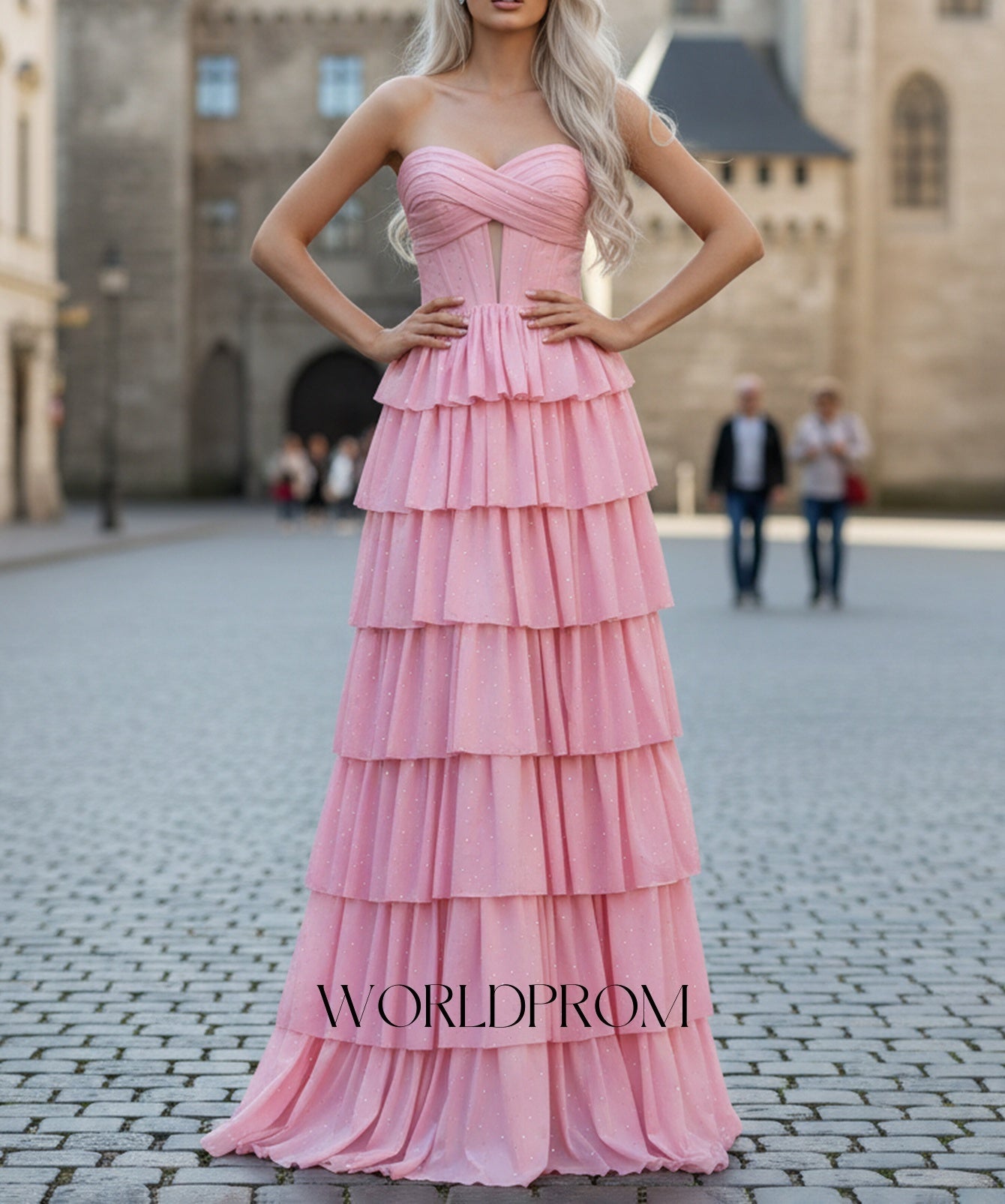 Ruched Bust Cut Front Hot Fix Crystal Layered Ruffle Hem Long Prom Dress - Pink