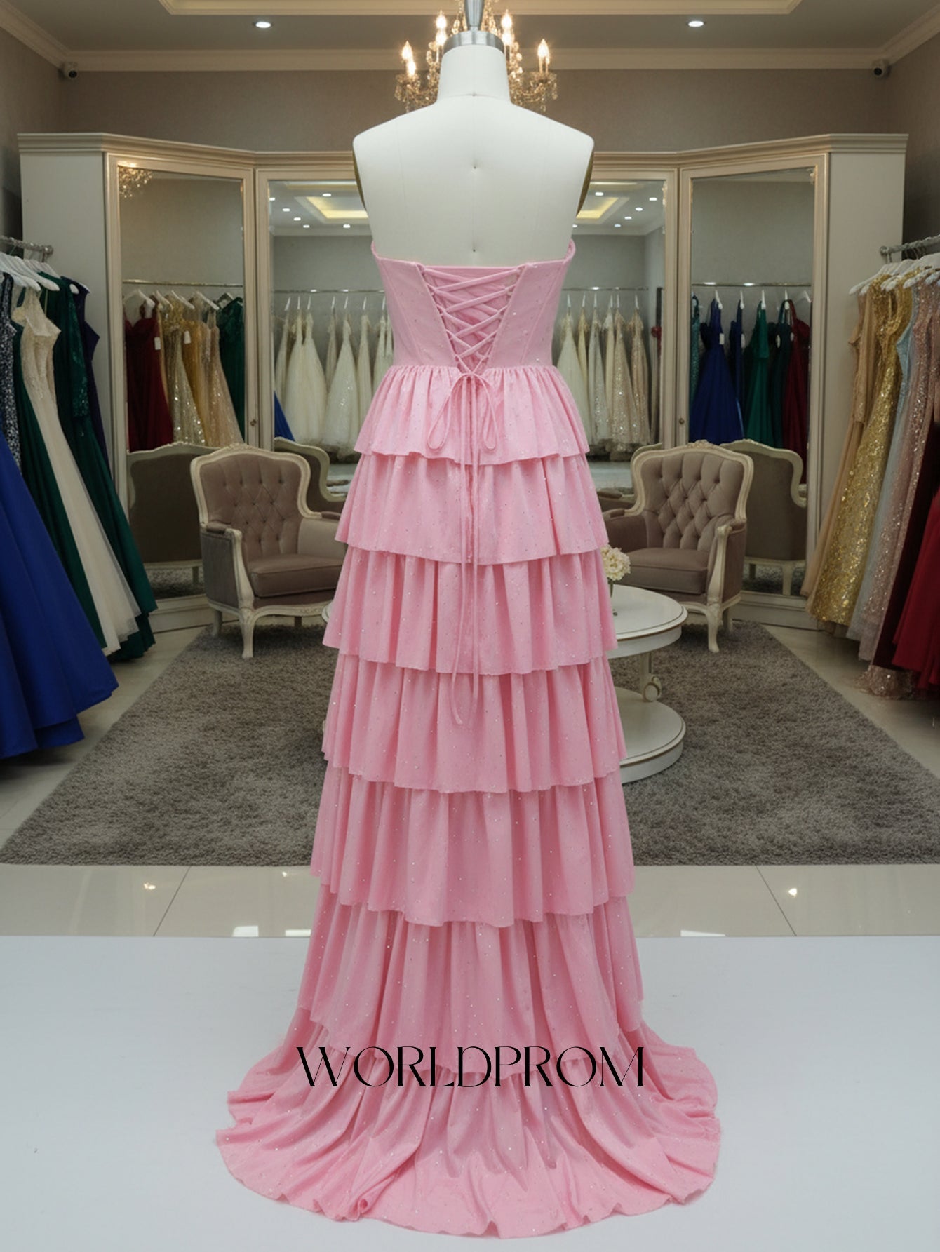 Ruched Bust Cut Front Hot Fix Crystal Layered Ruffle Hem Long Prom Dress - Pink