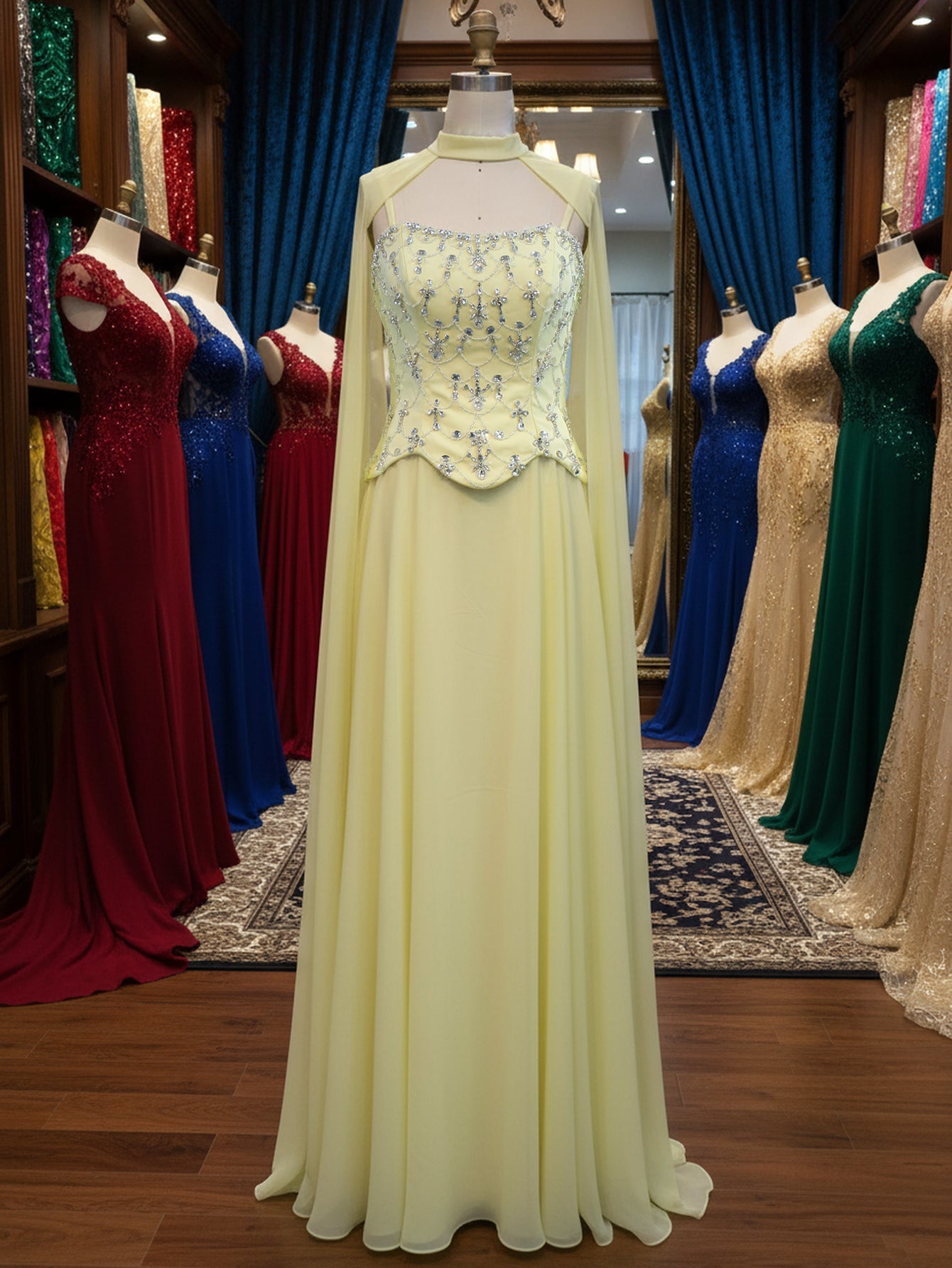 Sparkly Beading Spaghetti Shoulder Straps A-Line Long Prom Dress With Shawl - Goose Yellow