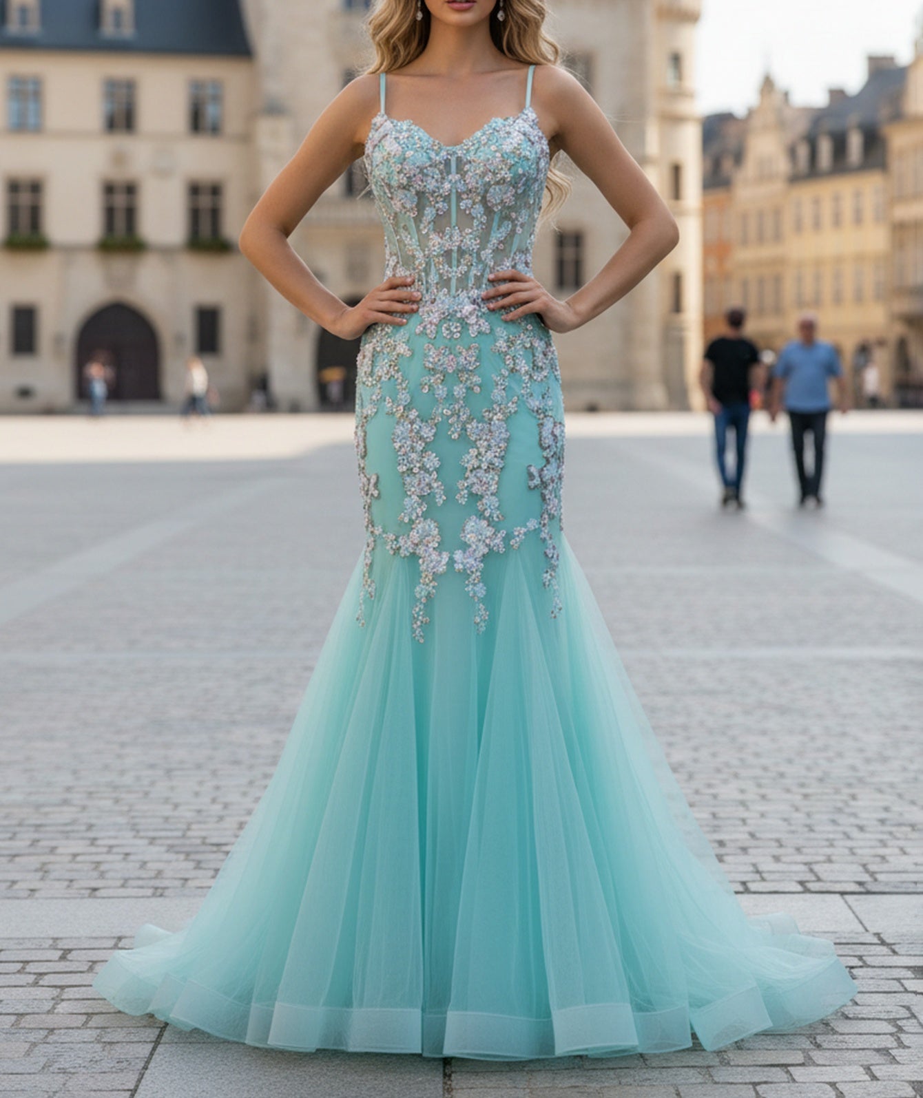 Sparkly Beading Spaghetti Shoulder Straps Floral Mermaid Long Prom Dress - Turquoise