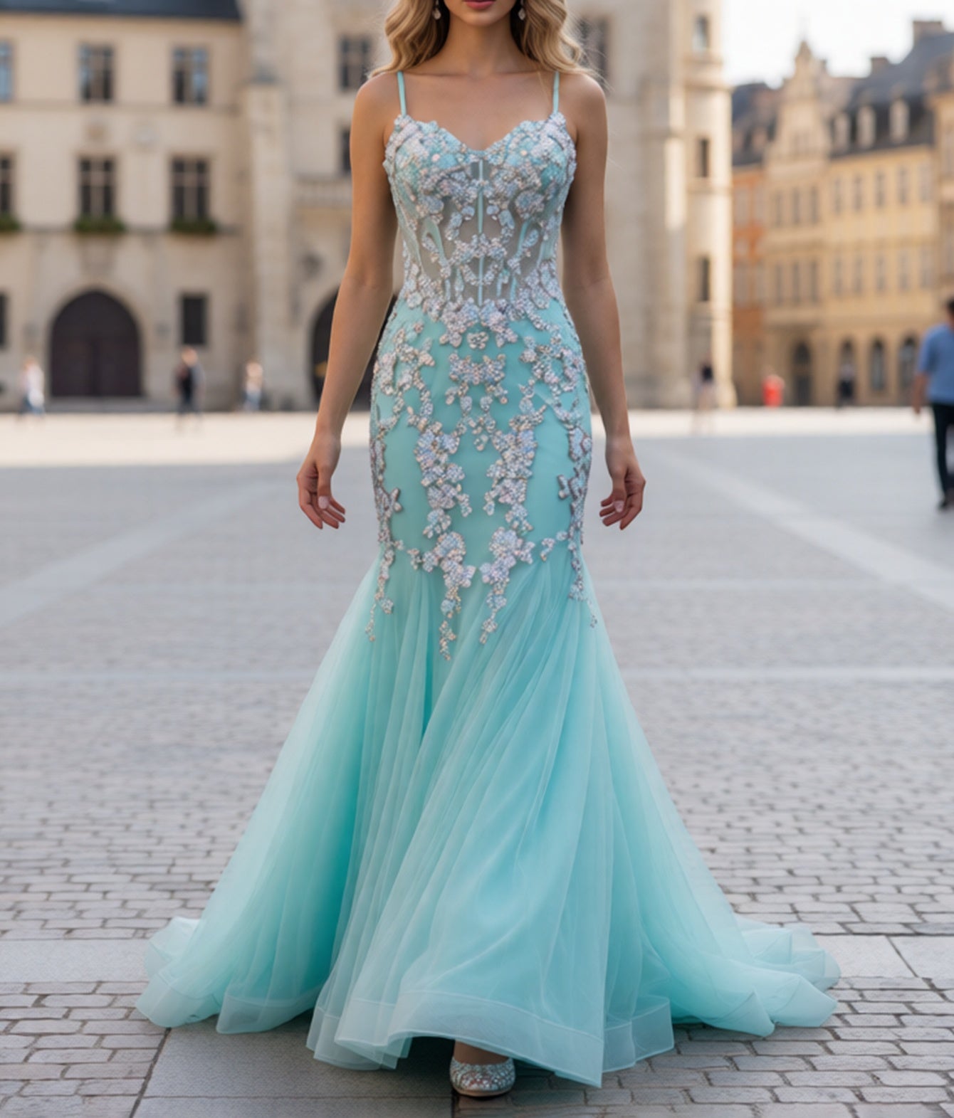 Sparkly Beading Spaghetti Shoulder Straps Floral Mermaid Long Prom Dress - Turquoise