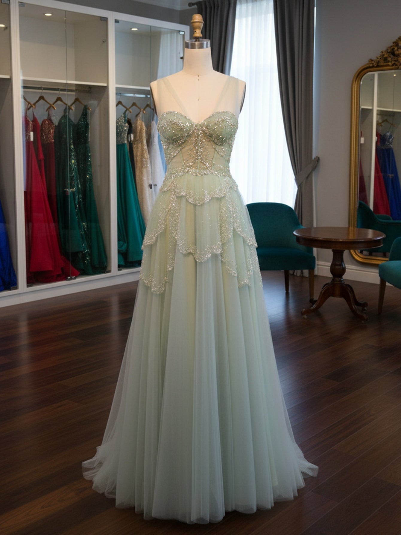 Tank Sparkly Beading Corset A-Line Long Prom Dress - Mint Green