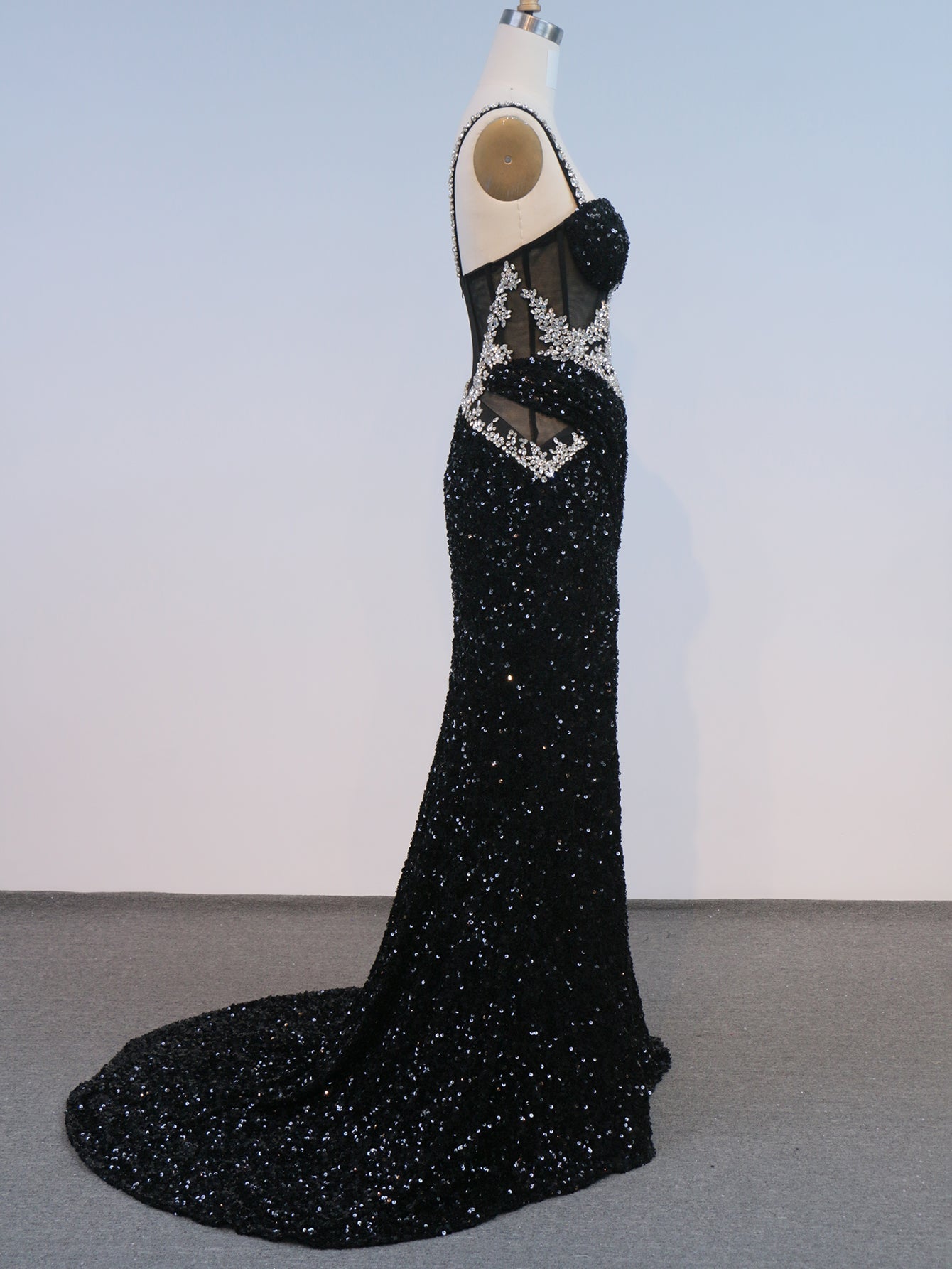 Rhinestone Spaghetti Straps Sparkly Illusion Mermaid Long Prom Dress With Slit - Black