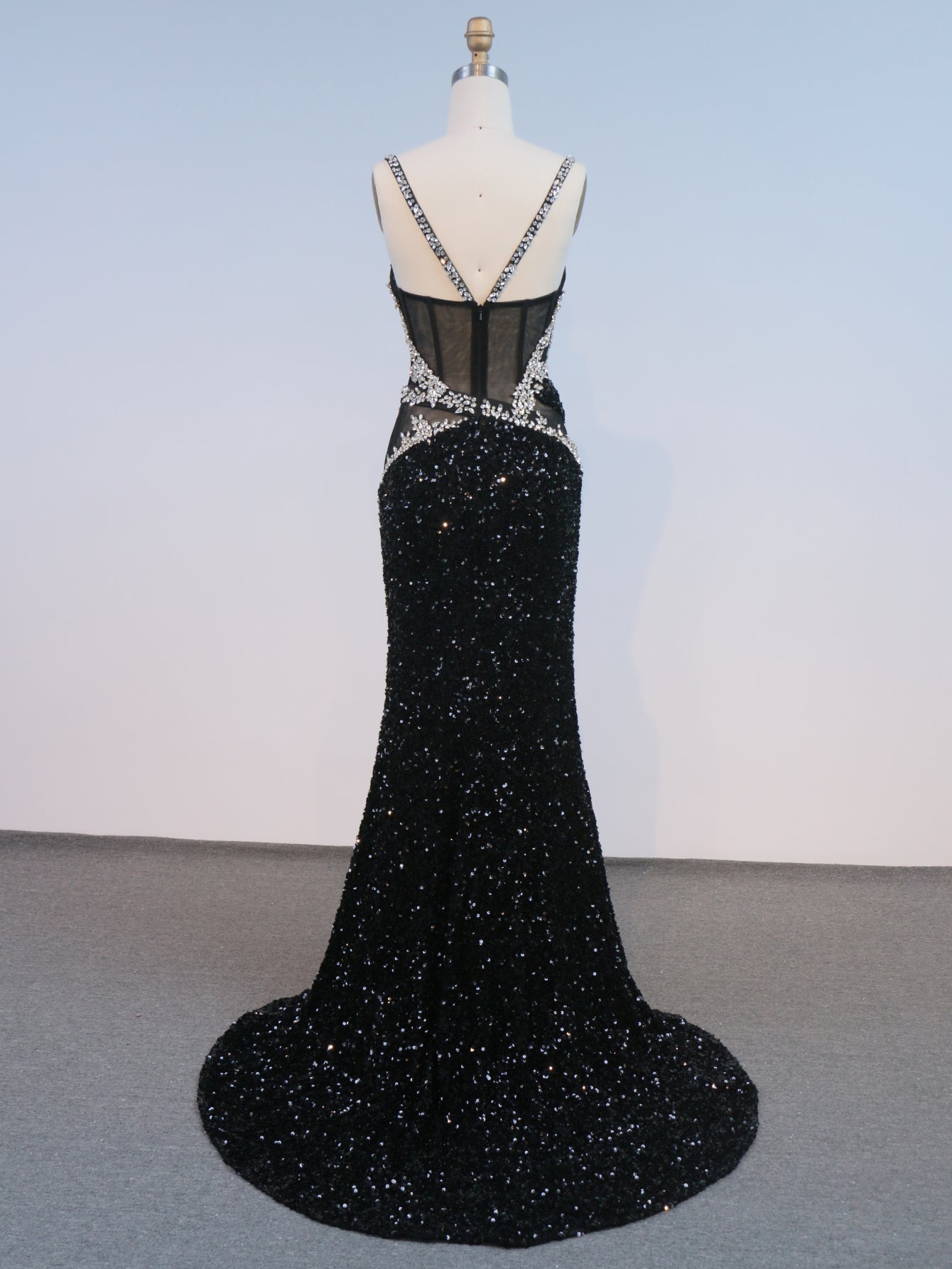 Rhinestone Spaghetti Straps Sparkly Illusion Mermaid Long Prom Dress With Slit - Black