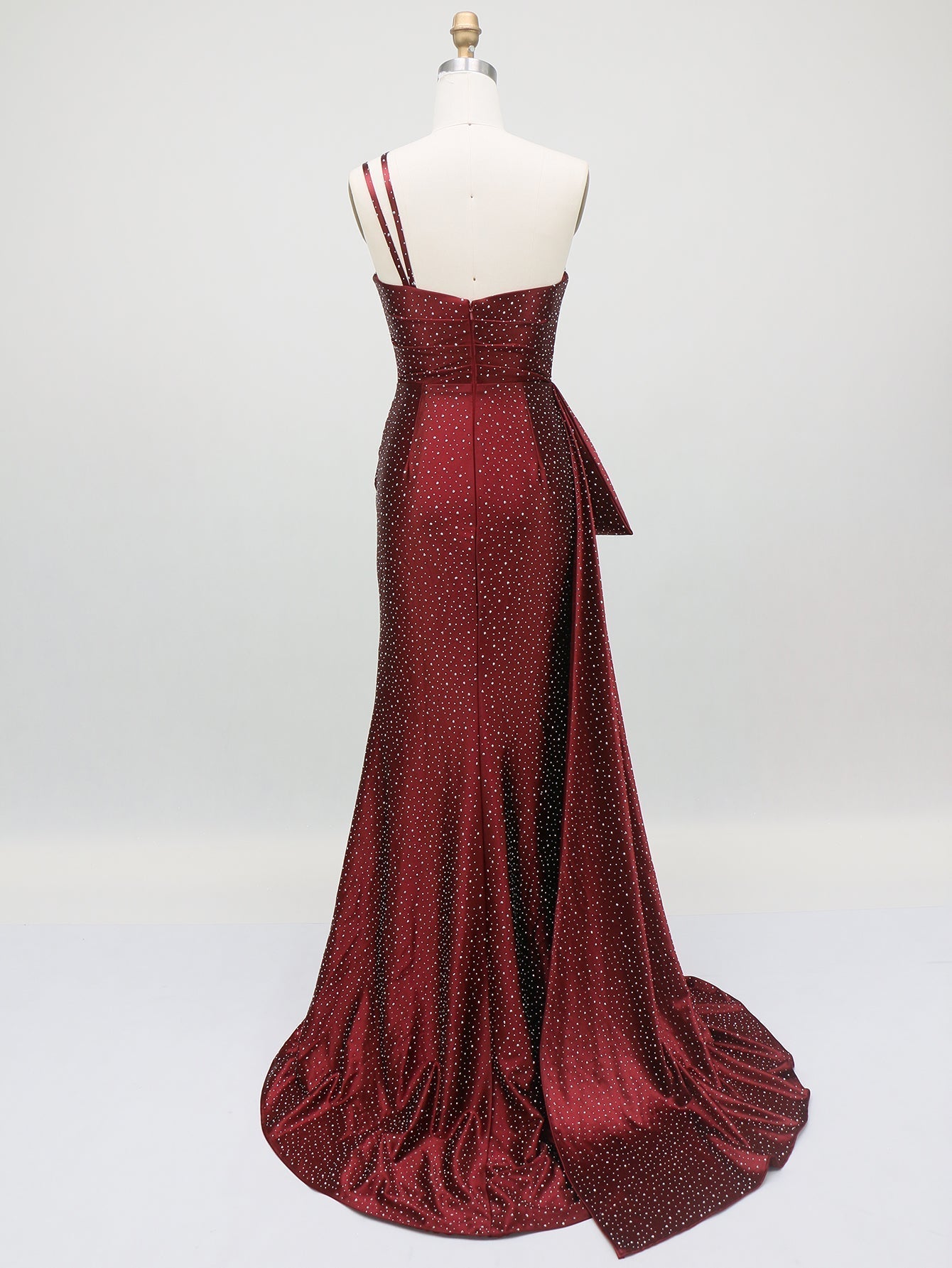 Hot Fix Crystal One Shoulder Mermaid Long Prom Dress With Drop Piece - Burgundy
