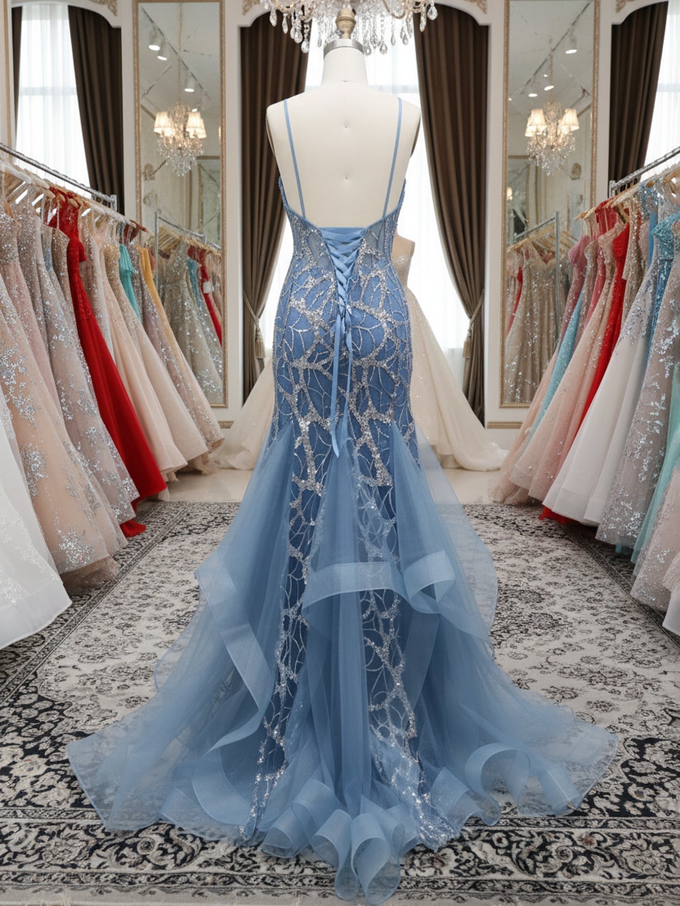 Sparkly Beading Deep V-Neck Mermaid Long Prom Dress With Slit - Light Blue