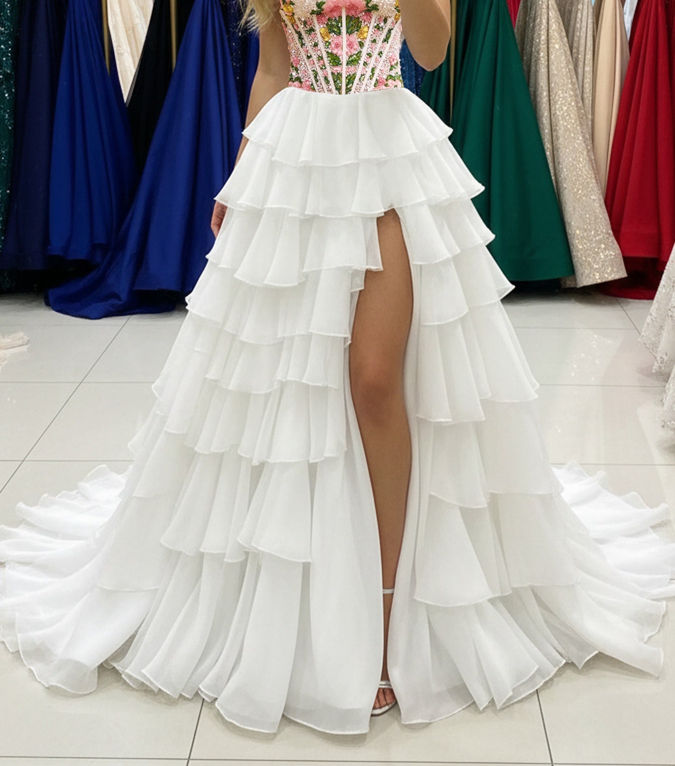 Sparkly Beading Corset Floral Layered Ruffle Hem Long Prom Dress - White