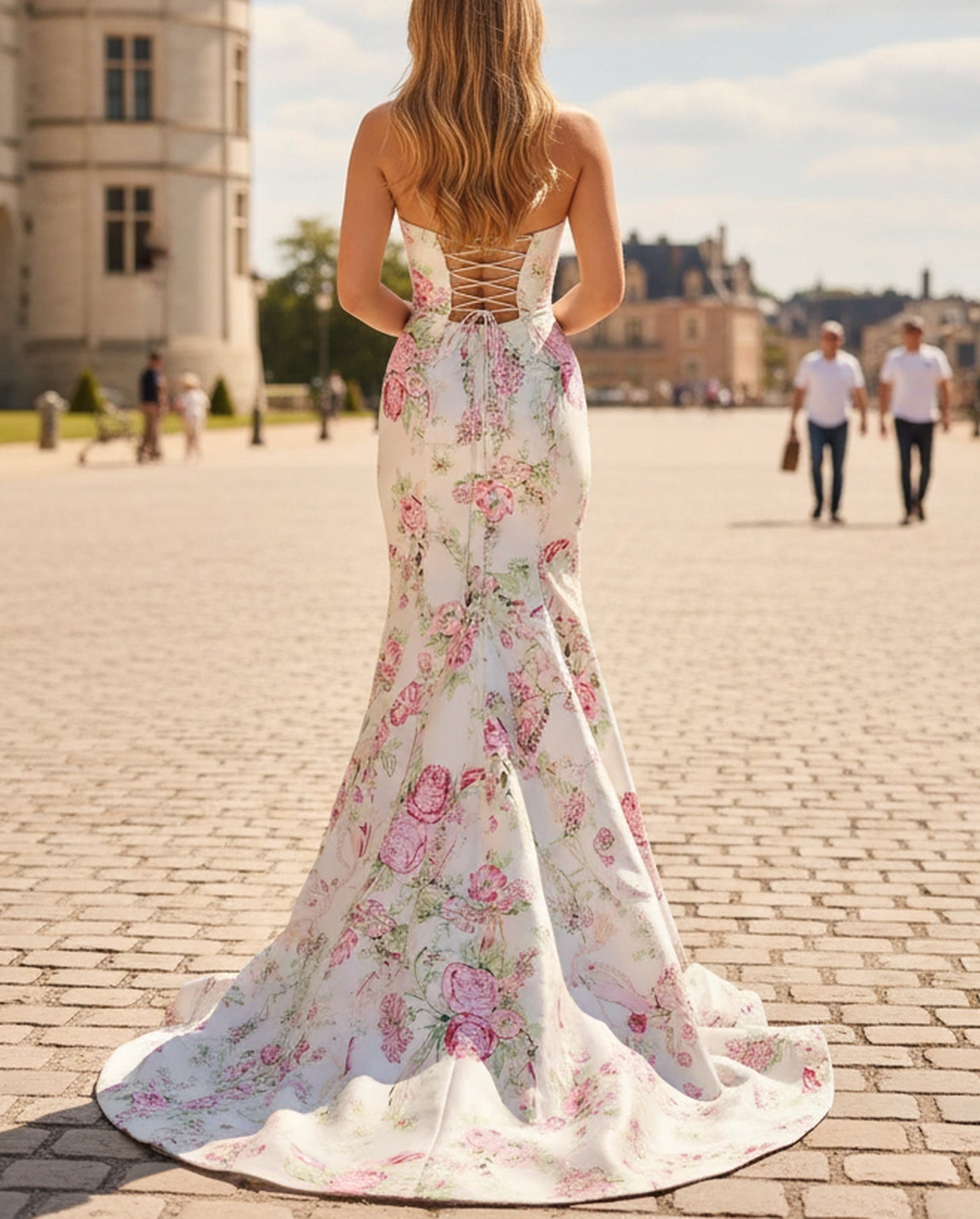 Strapless Corset Lace Up Floral Backless Mermaid Long Prom Dress - Pink Floral
