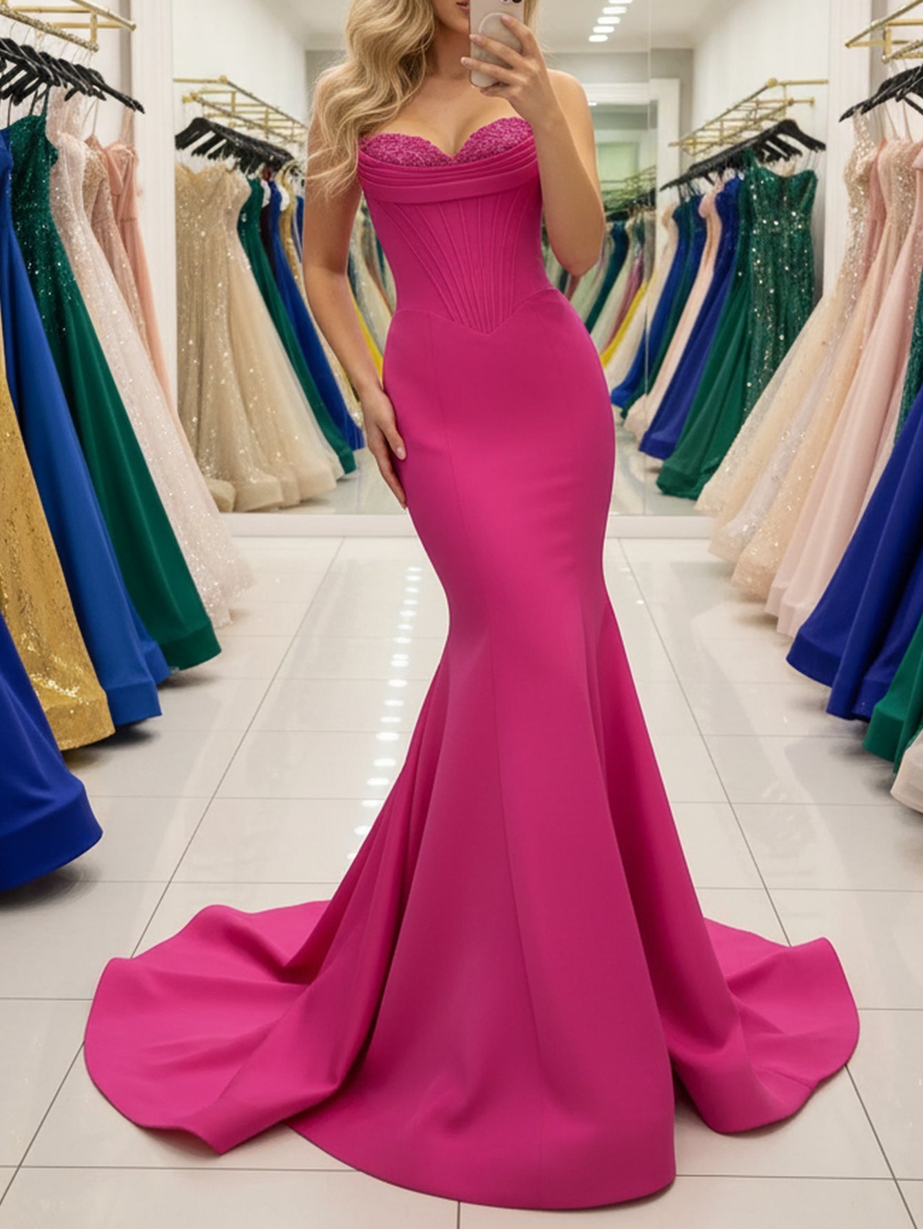Sweetheart Lace Ruched Bust Corset Pleated Mermaid Long Prom Dress - Hot Pink