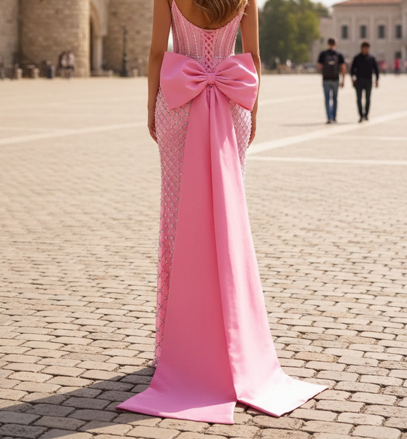 Big Bow Back Sparkly Beading Corset Long Mermaid Prom Dress  - Hot Pink
