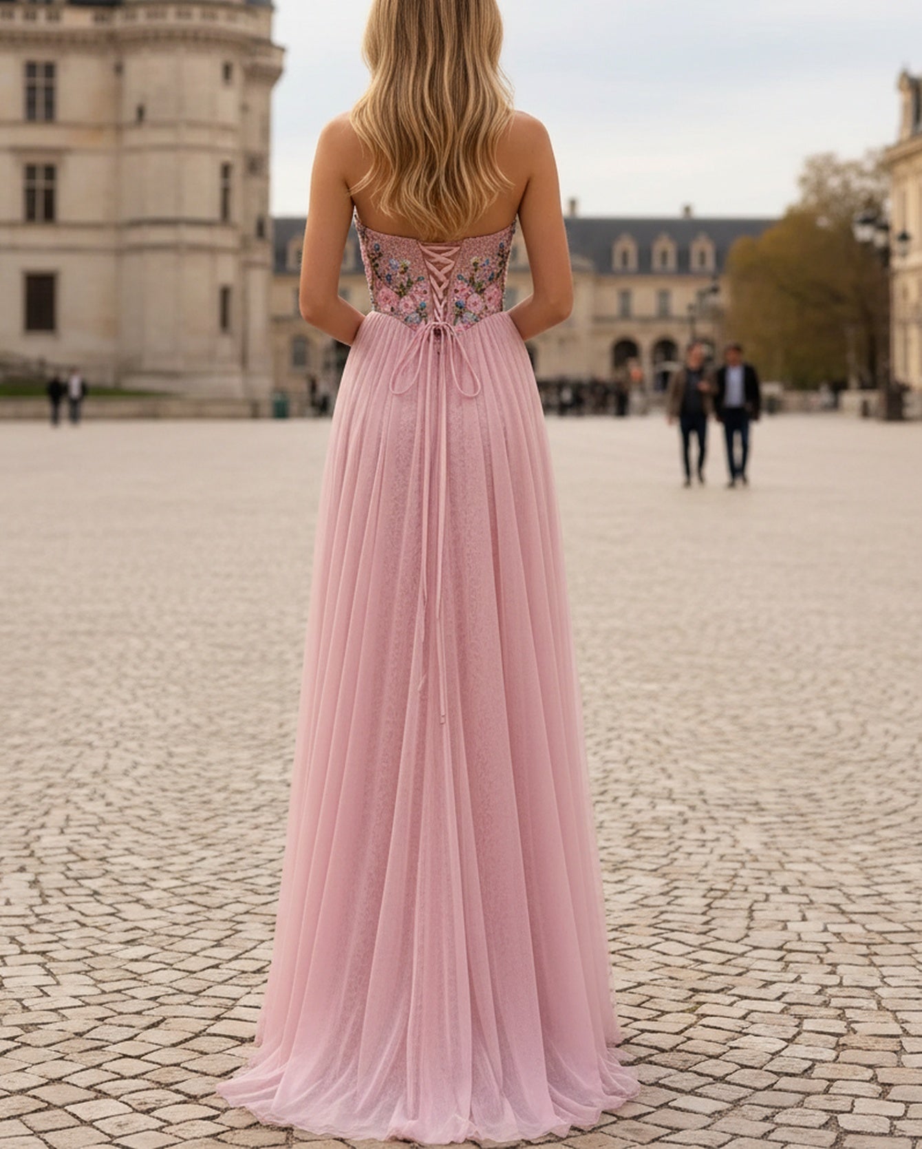 Hot Fix Crystal Corset Floral Long A-Line Prom Dress - Pink