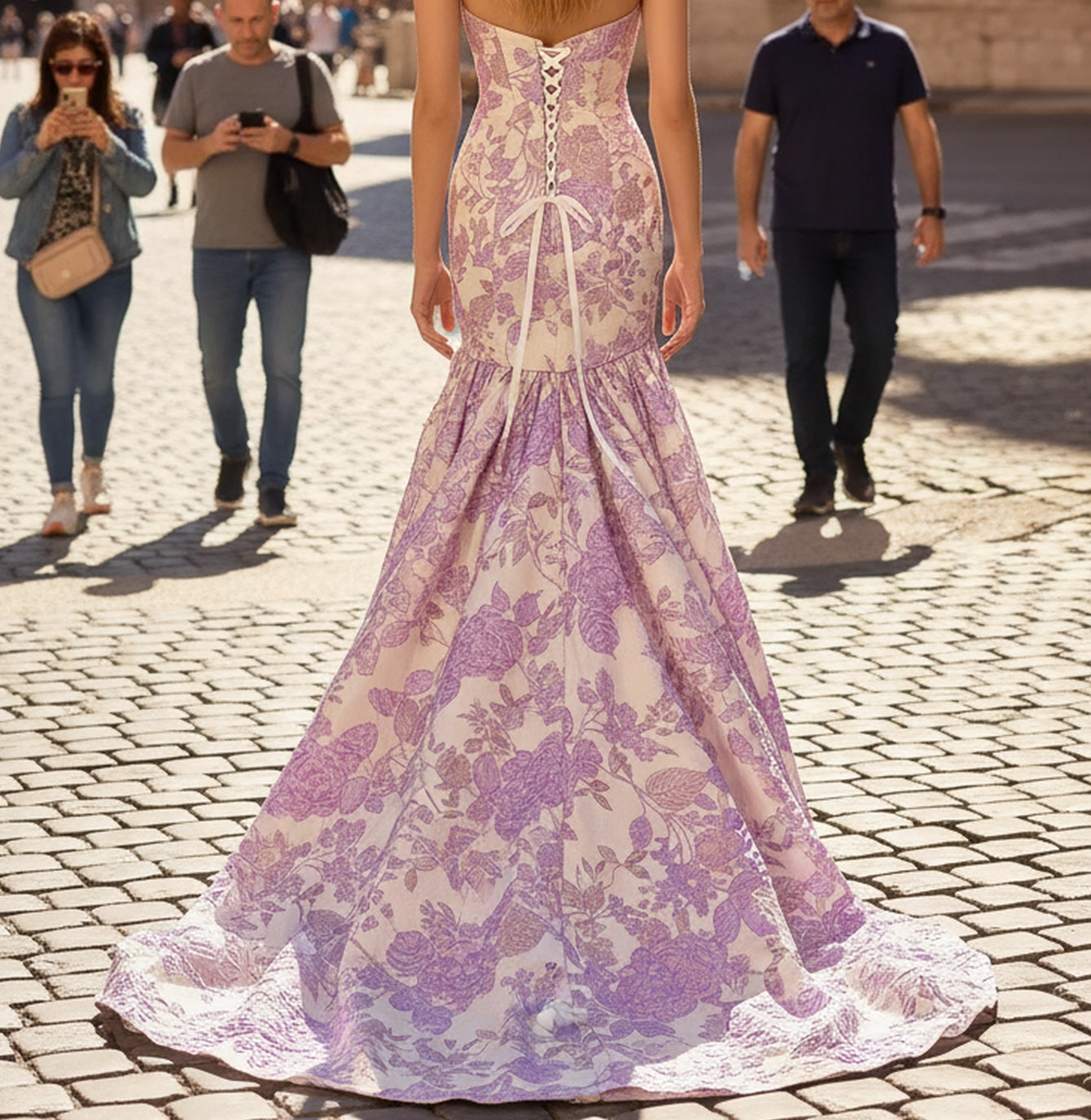 Floral Strapless Corset Lace Up Long Mermaid Prom Dress - Lilac Floral