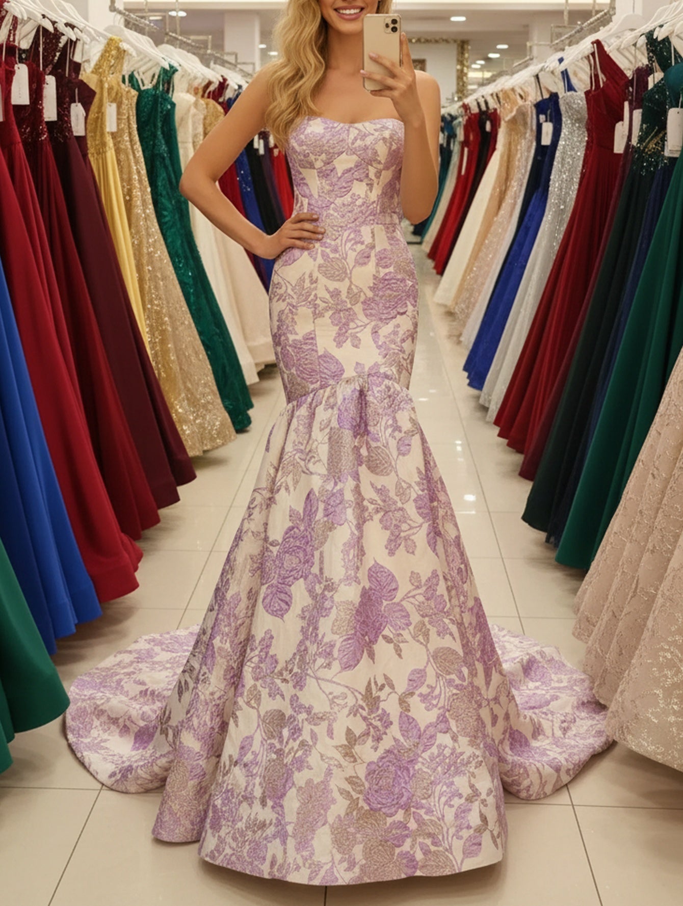 Floral Strapless Corset Lace Up Long Mermaid Prom Dress - Lilac Floral