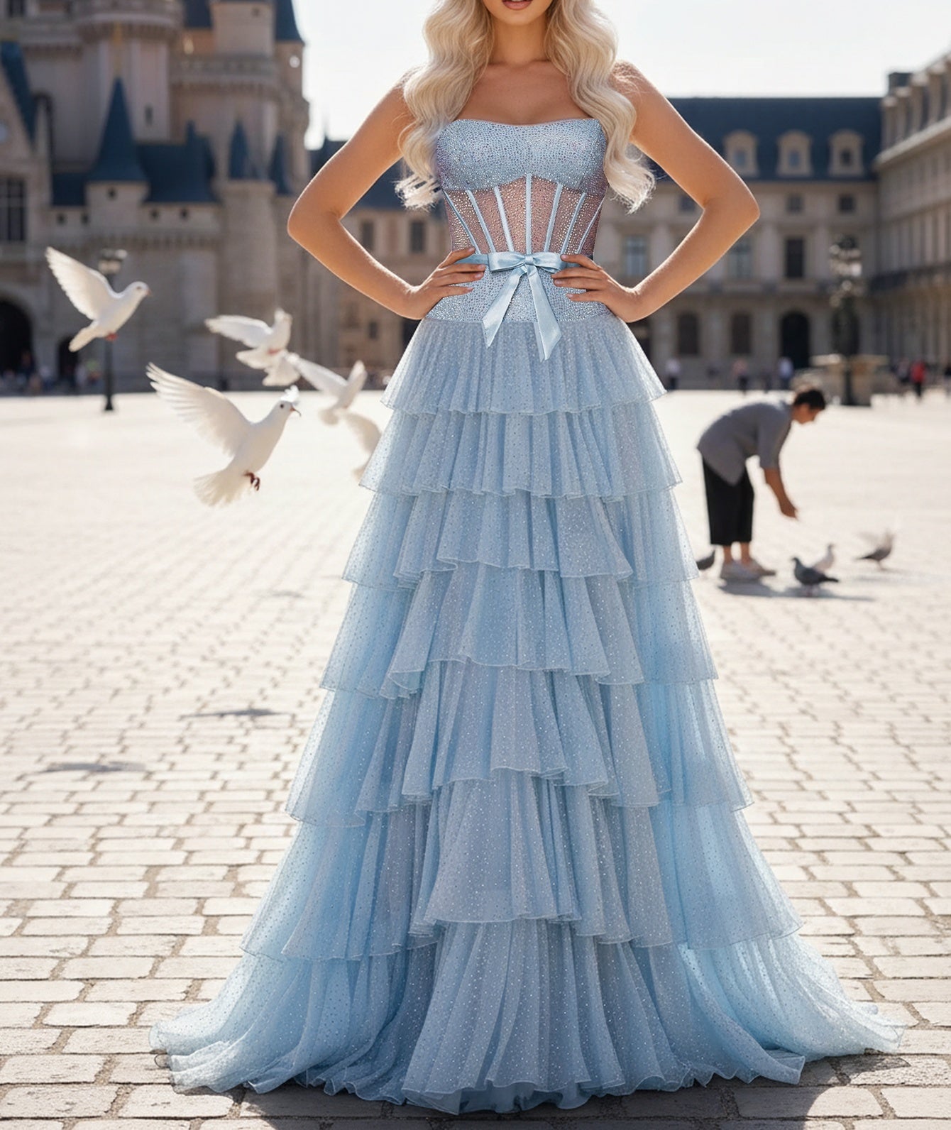 Hot Fix Crystal Illusion Long Layered Ruffle Hem Prom Dress With Bow - Light Blue