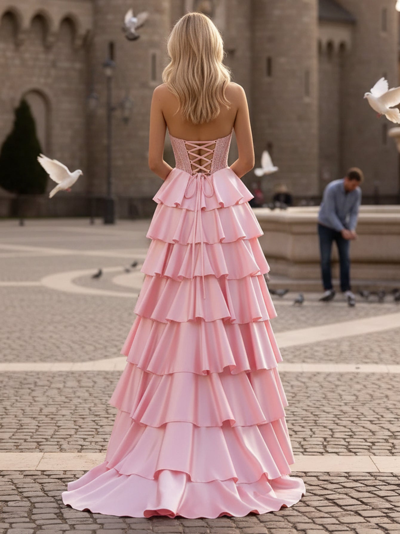 Sweetheart Lace Ruched Bust Ruffle Hem Long Ball Gown Prom Dress With Slit - Pink