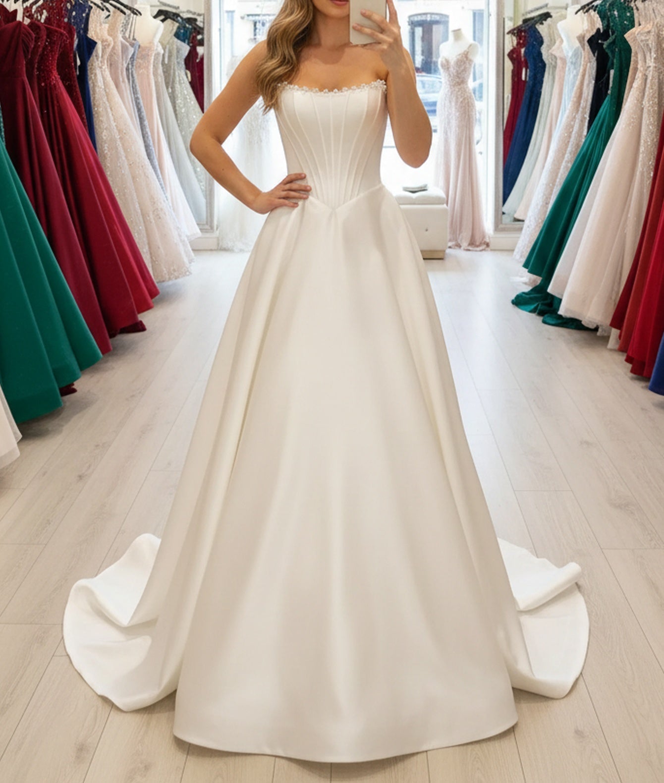 Sparkly Beading Pleated Lace Up Long Ball Gown Prom Dress  - White