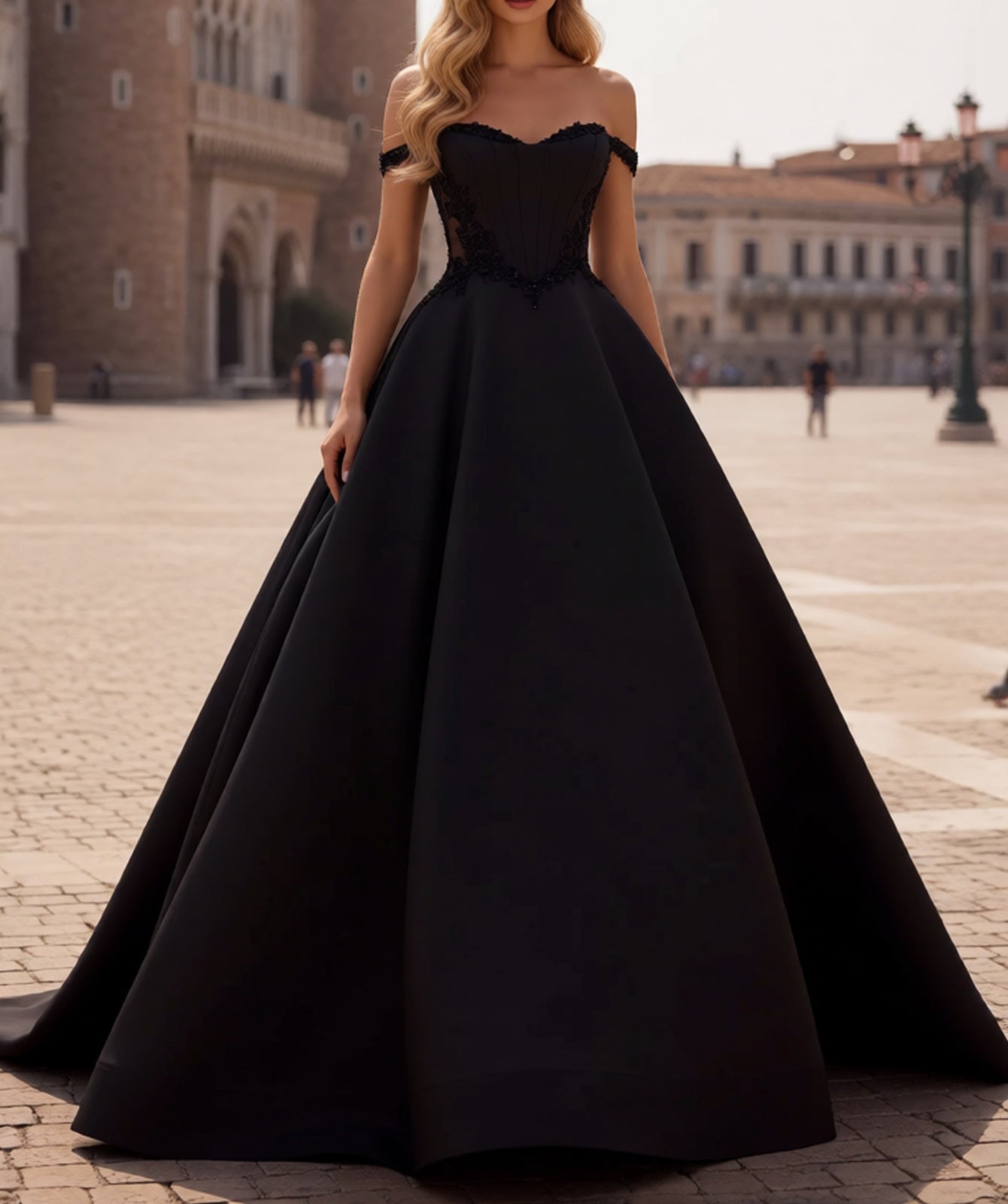 Off Shoulder Sparkly Beading Illusion Long Ball Gown Prom Dress With Pockets - Black