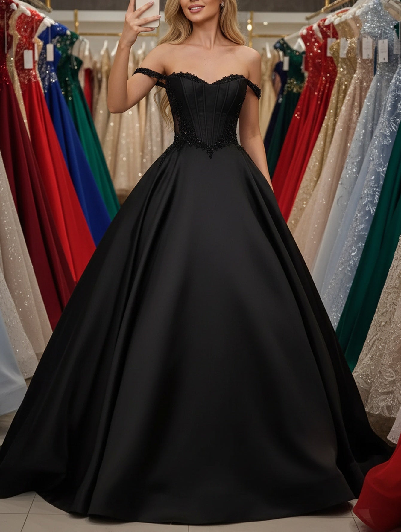 Off Shoulder Sparkly Beading Illusion Long Ball Gown Prom Dress With Pockets - Black