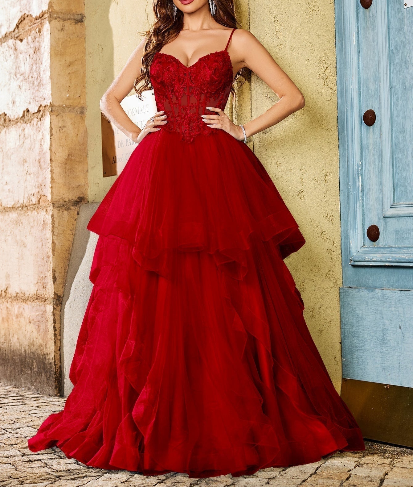 Lace Embroidery Illusion Ball Gown Prom Dress - Red