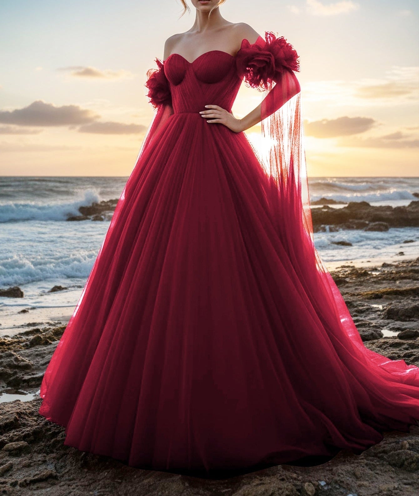 Off Shoulder 3D Rose Ball Gown Evening Dress With Long Sleeve - Burgundy