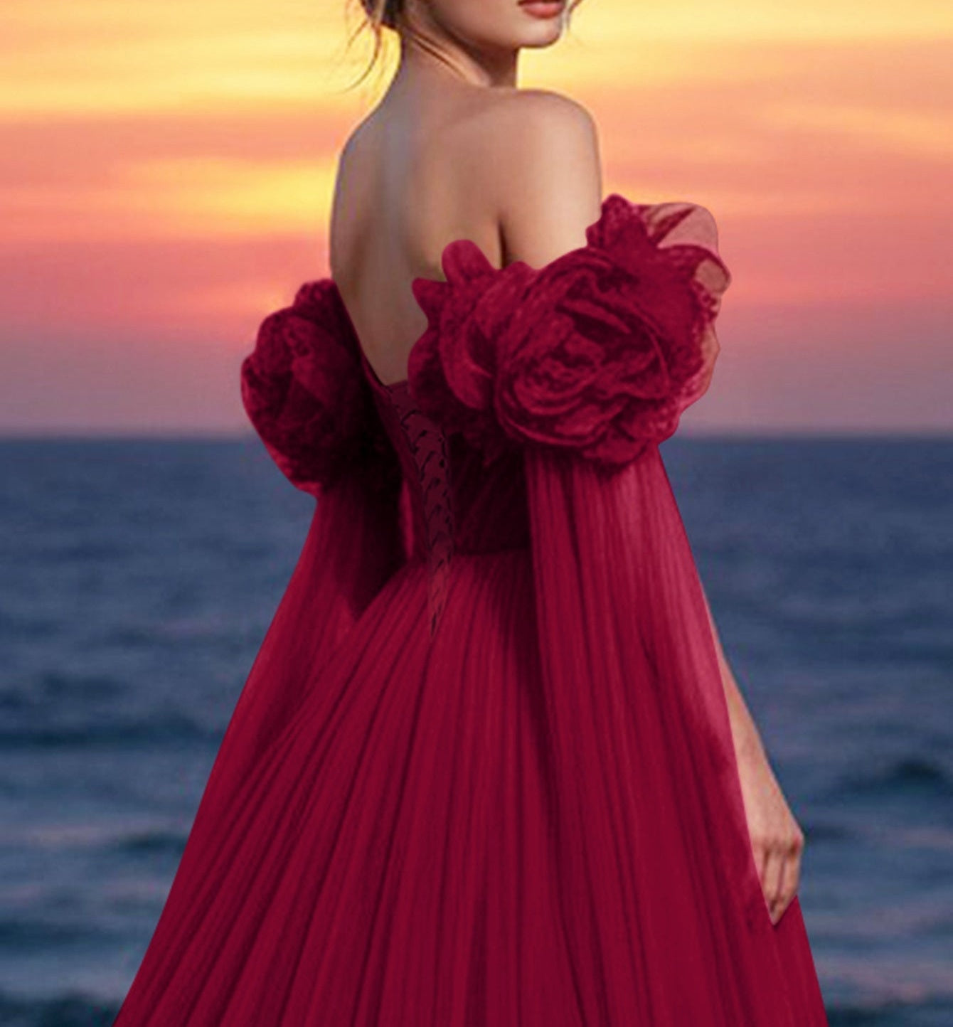 Off Shoulder 3D Rose Ball Gown Evening Dress With Long Sleeve - Burgundy