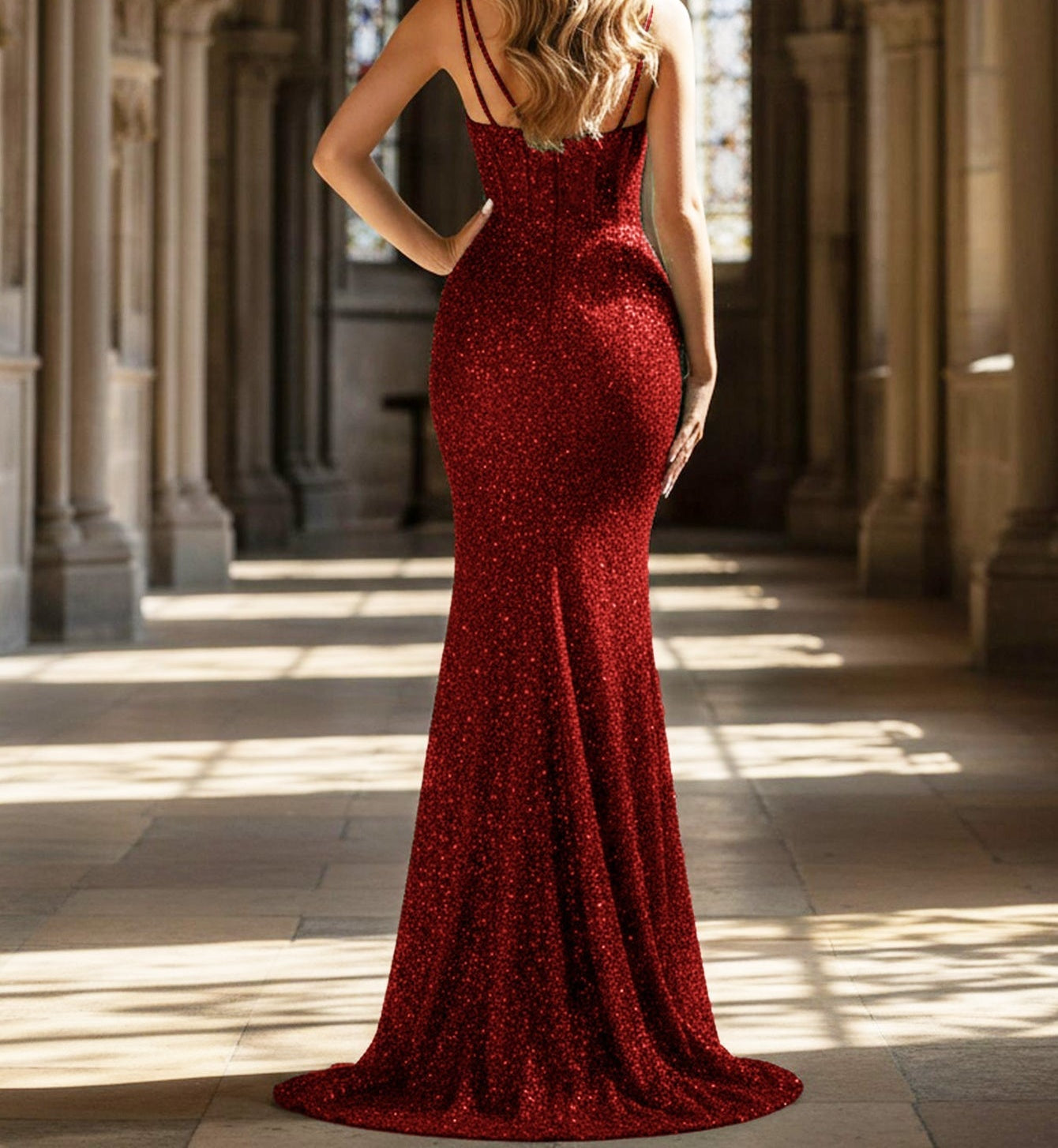 Sheer Bodice Luxury Lace Spaghetti Strap Mermaid Evening Dress - Red