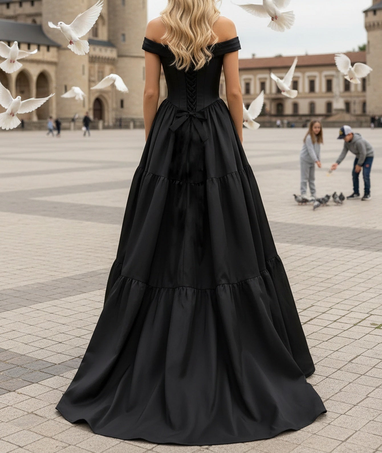 Deep V-Neck Off Shoulder Illusion Long Ball Gown Prom Dress - Black