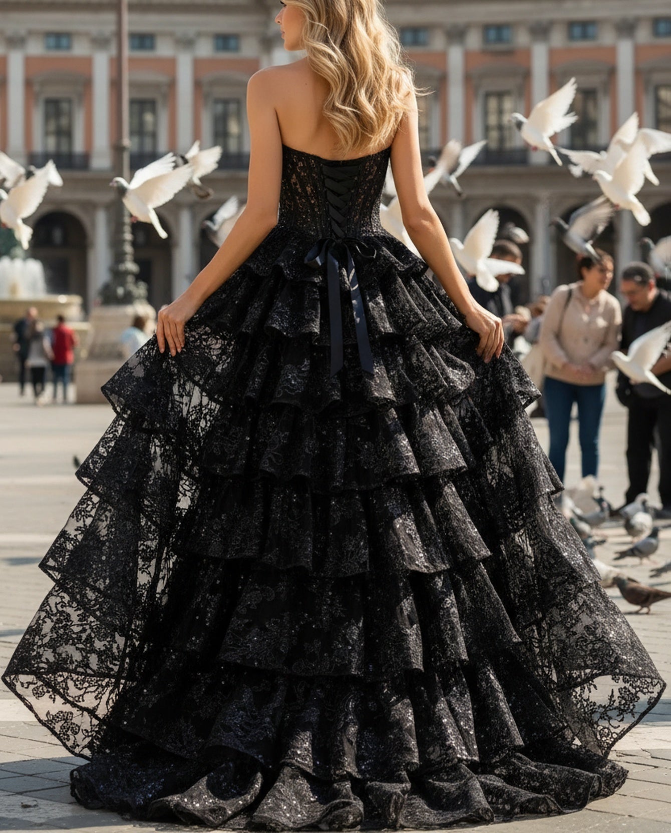 Sparkly Embroidery Ruffle Lace Up Illusion Bodice Long Ball Gown Prom Dress - Black