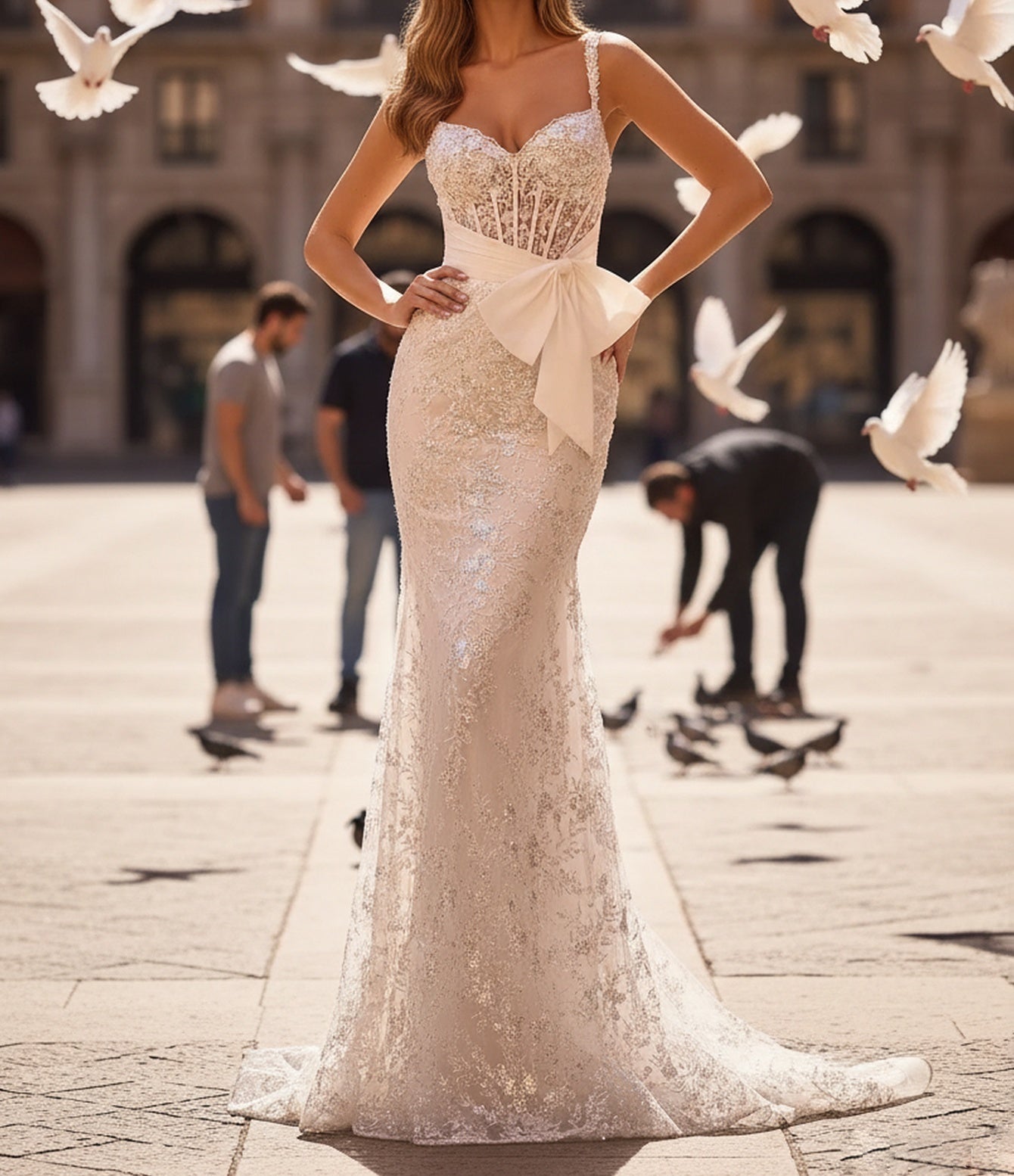 Bow Front Embroidery Illusion Pleated Lace Up Bodice Long Mermaid Prom Dress - White