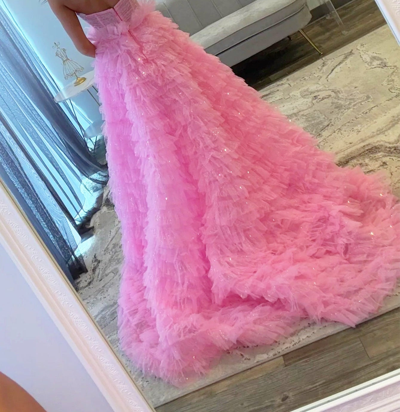 Cut Front 3D Rose Ruffle Ball Gown Prom Dress - Pink