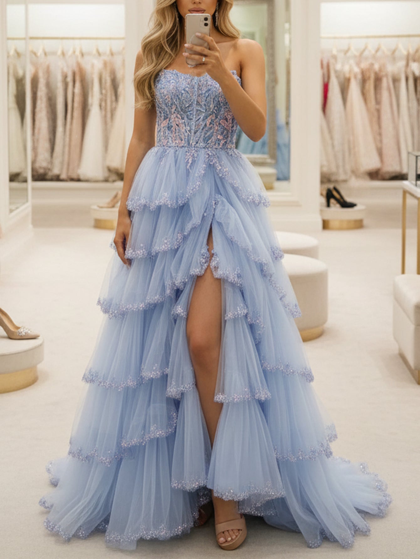 Embroidery Sparkly Beading Ruffle Bodice Ball Gown Long Prom Dress - Lavender