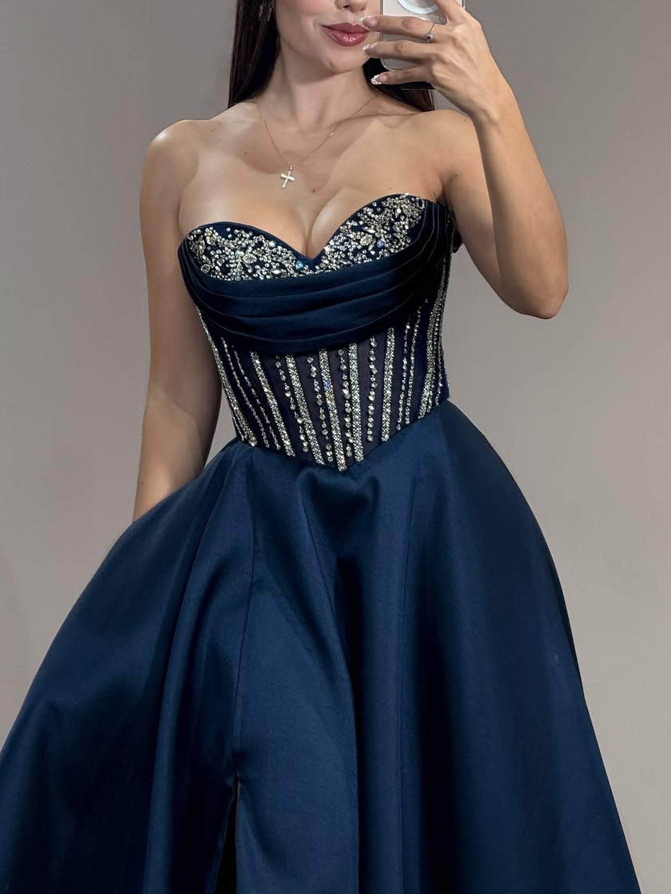Hot Fix Crystal Lace Up Ruched Bodice Long Ball Gown Prom Dress With Pocket - Dusty Blue