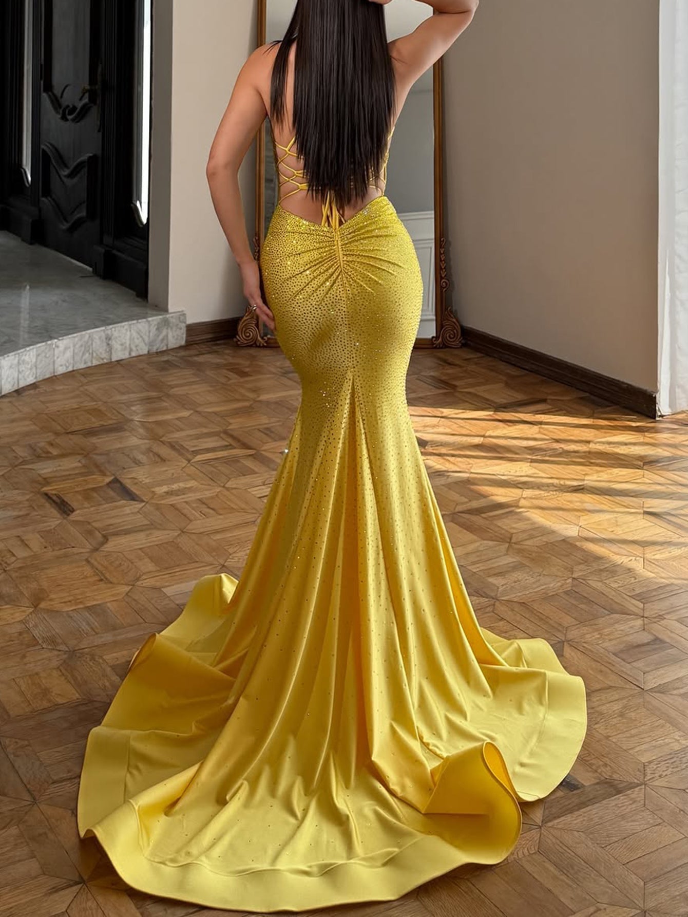 Sparkly Beading Lace Up Pleated Bodice Long Mermaid Prom Dress - Yellow