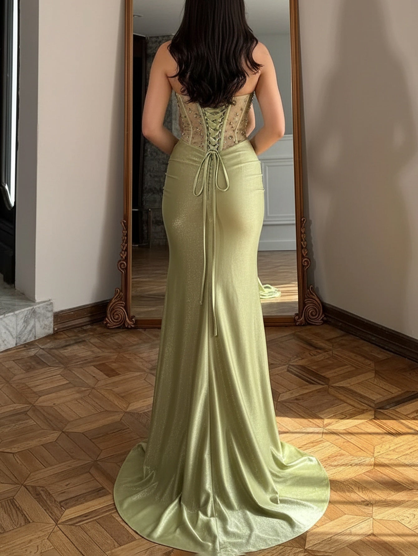 Sparkly Beading Illusion Ruched Bodice Mermaid Long Prom Dress - Sage Green