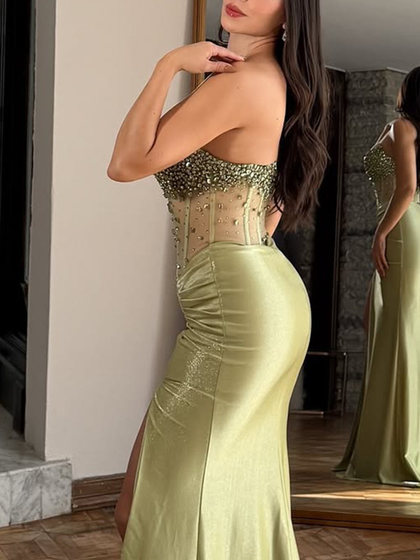 Sparkly Beading Illusion Ruched Bodice Mermaid Long Prom Dress - Sage Green