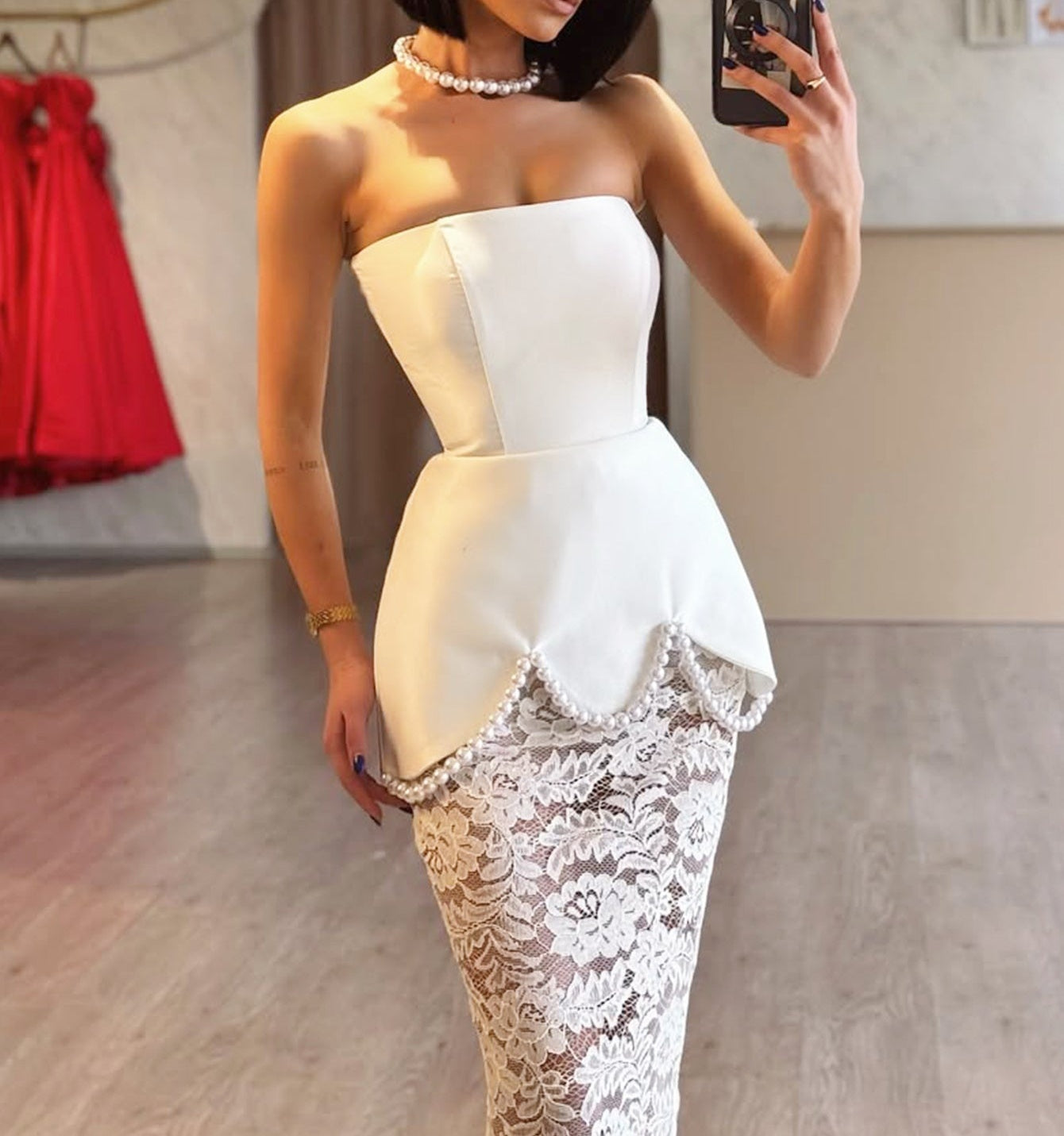 Sparkly Beading Two Pieces Lace Up Illusion Mermaid Bodice Prom Dress - White