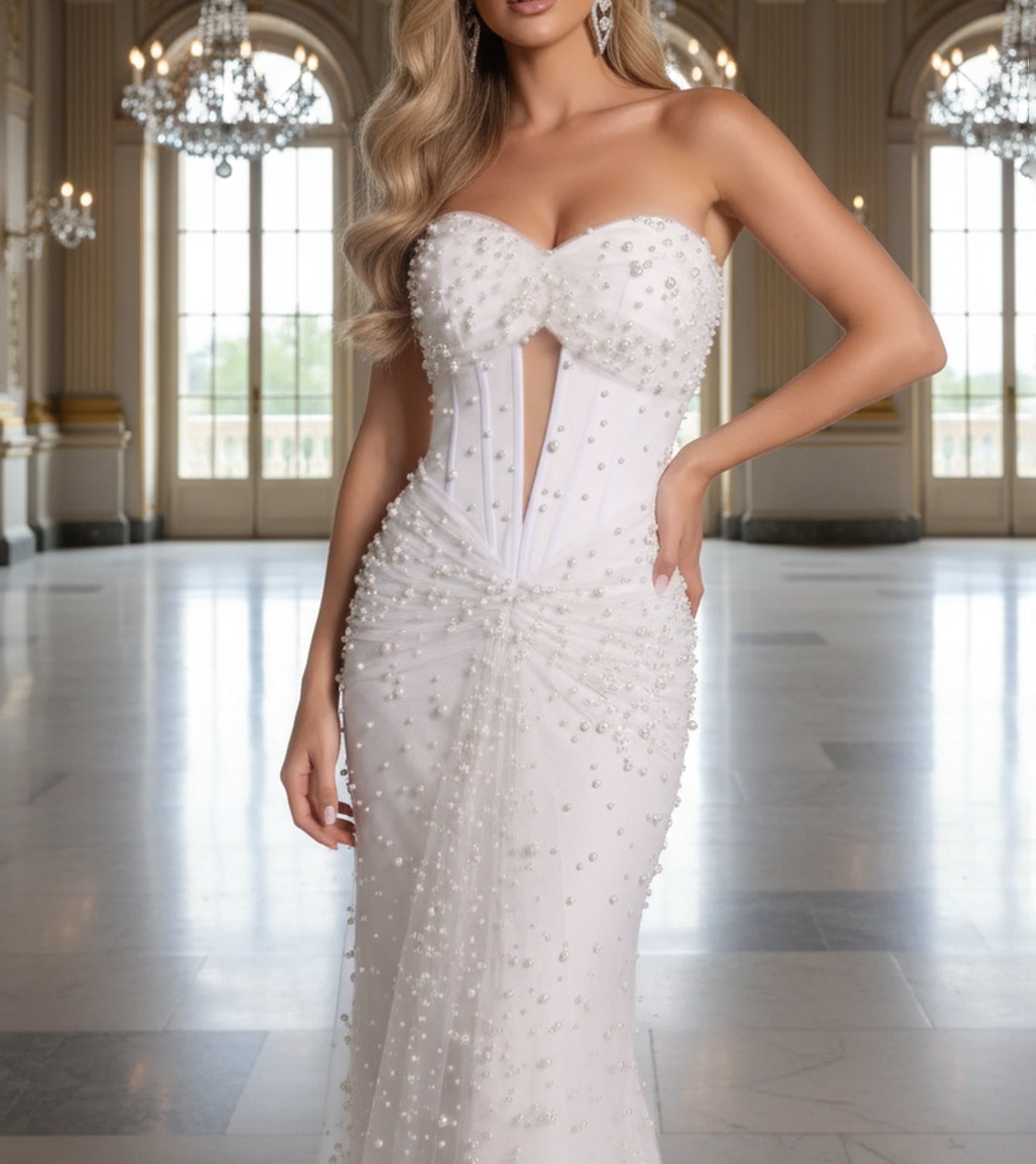 Sparkly Beading Cut Front Lace Up Ruched Mermaid Bodice Long Prom Dress - White