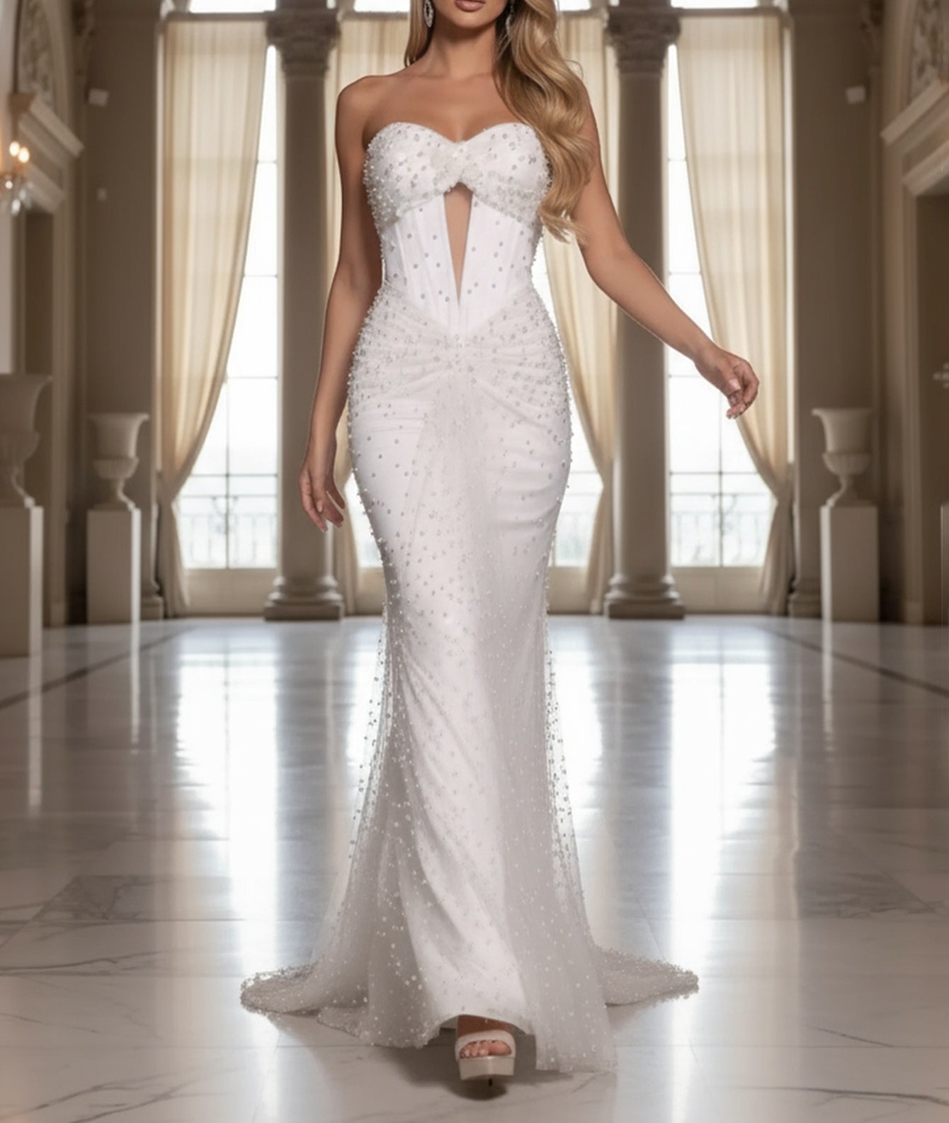 Sparkly Beading Cut Front Lace Up Ruched Mermaid Bodice Long Prom Dress - White