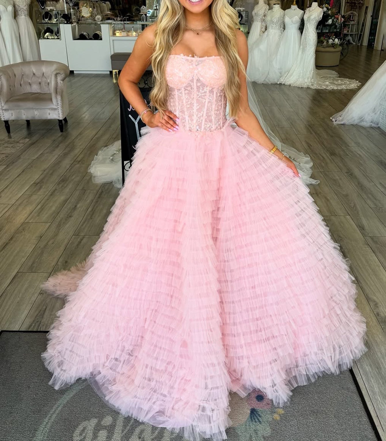 Embroidery Illusion Bodice Ball Gown Long Prom Dress - Pink