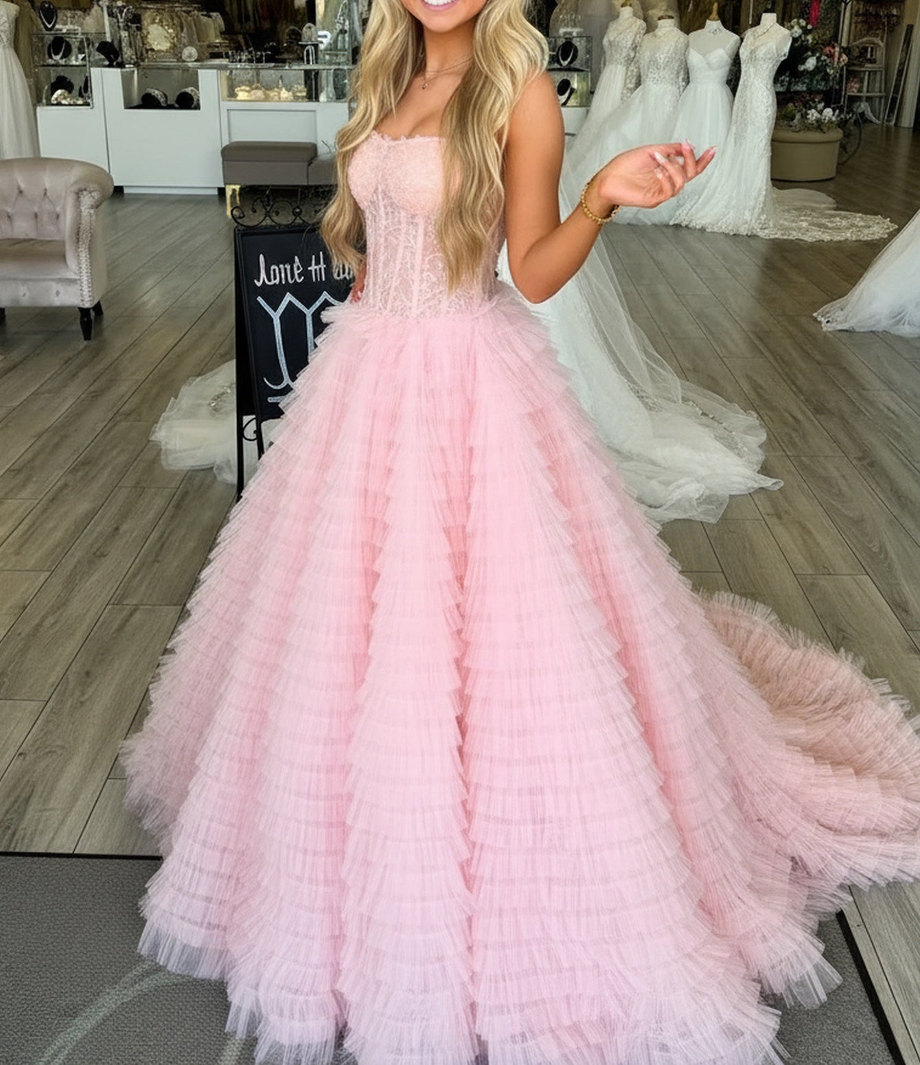 Embroidery Illusion Bodice Ball Gown Long Prom Dress - Pink