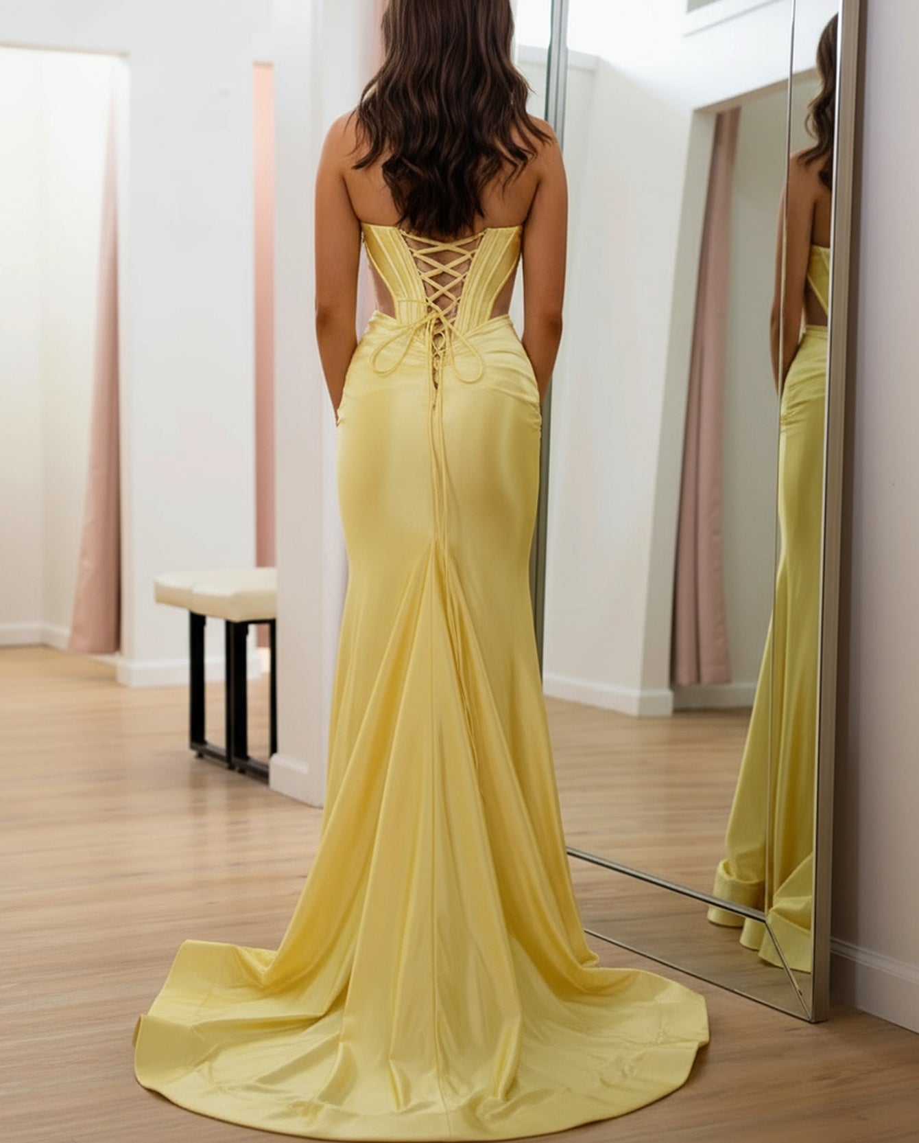 Cut Waist Sparkly Beading Illusion Ruched Bodice Long Mermaid Prom Dress With Slit - Yellow