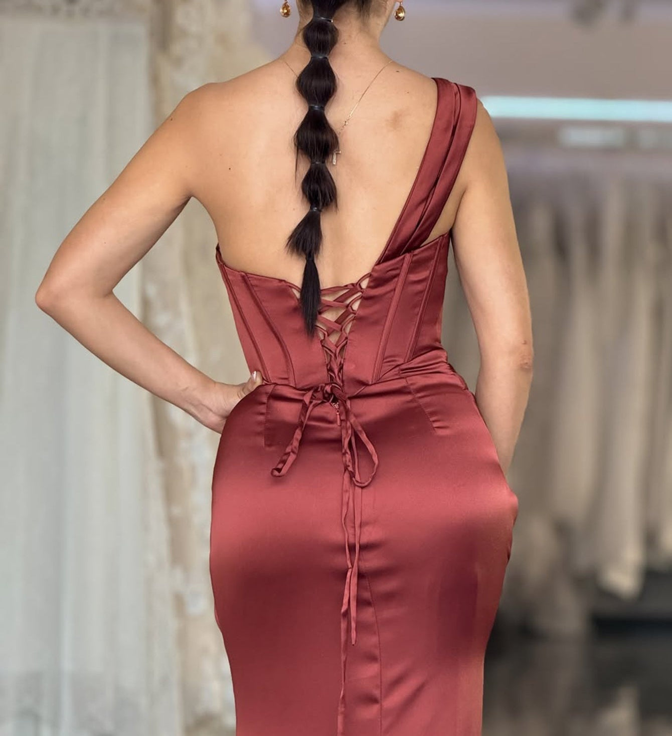 One Shoulder Ruched Bodice Long Mermaid Prom Dress With Slit - Rust