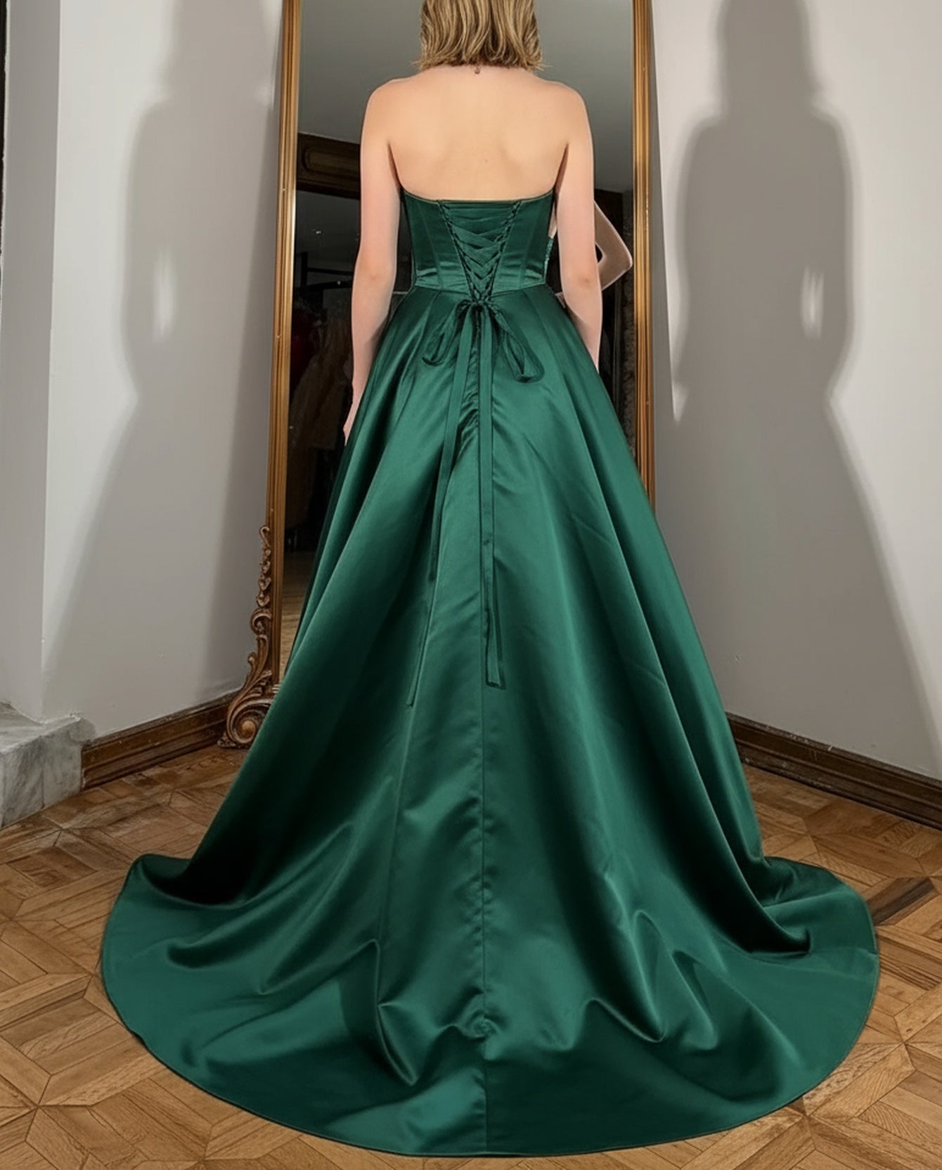 Strapless Ruched Lace Up Ball Gown Bodice Long Prom Dress - Green