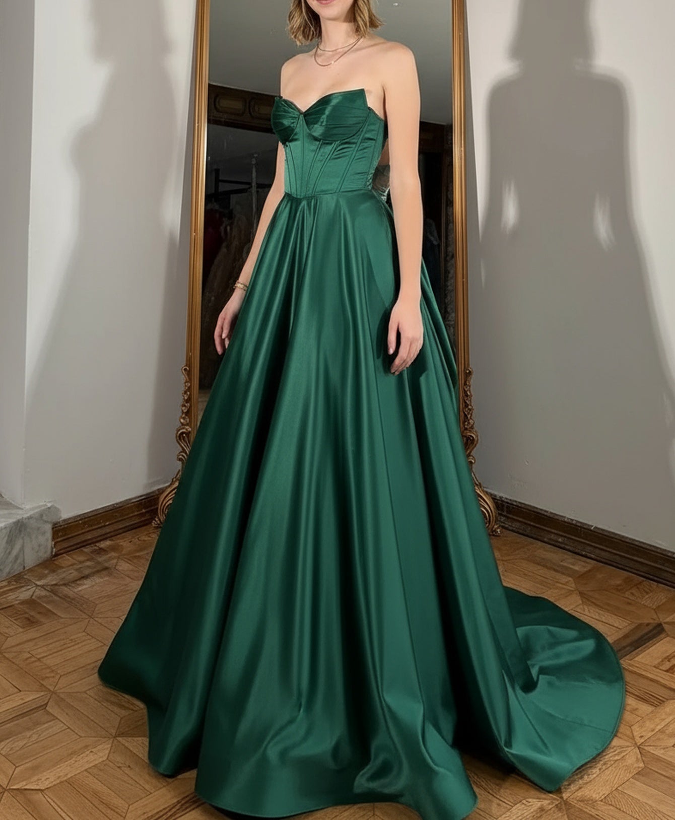 Strapless Ruched Lace Up Ball Gown Bodice Long Prom Dress - Green