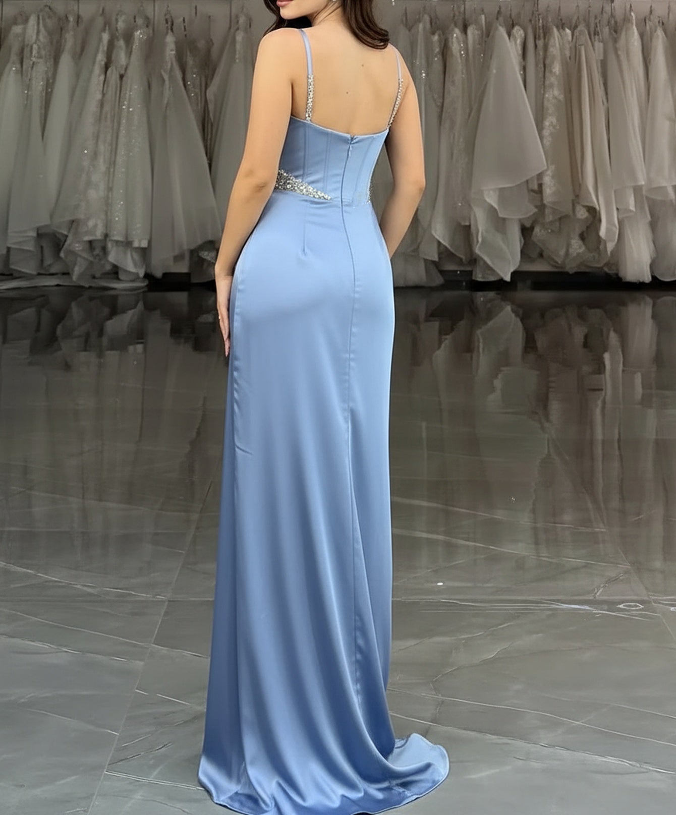 Cut Waist Ruched Sparkly Beading Bodice Mermaid Prom Dress With Slit - Sky Blue
