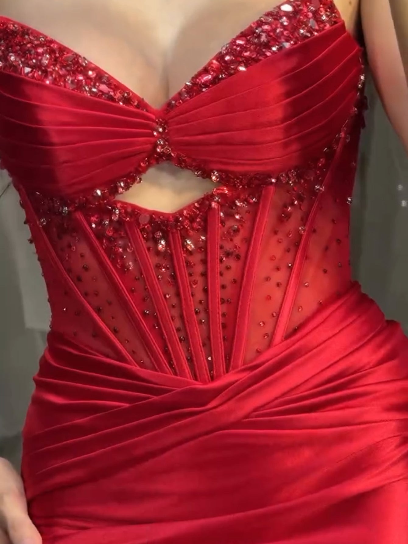 Hand Beading Bodice Crystal Mermaid Prom Dress - Red