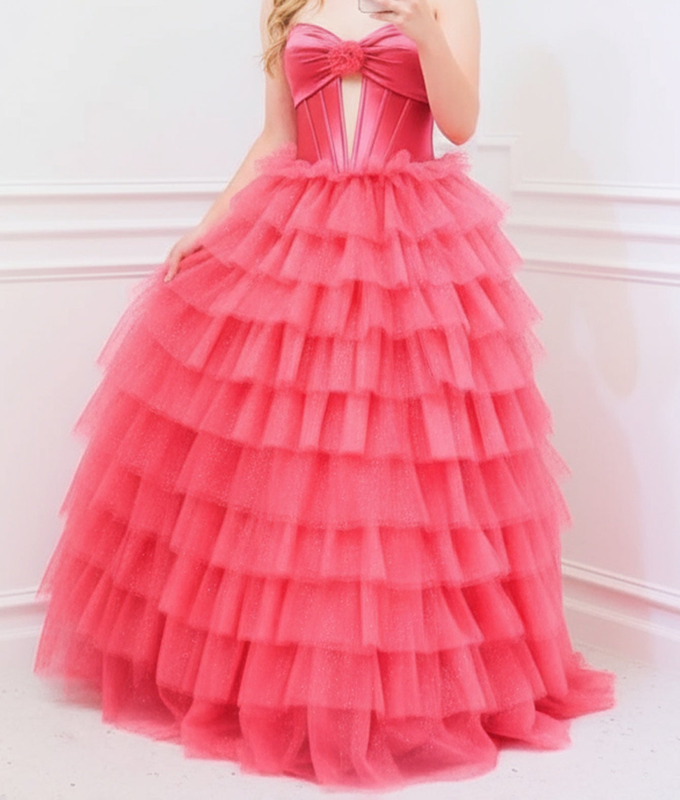 Strapless 3D Flower Lace Up Pleated Bodice Ball Gown Prom Dress - Pink