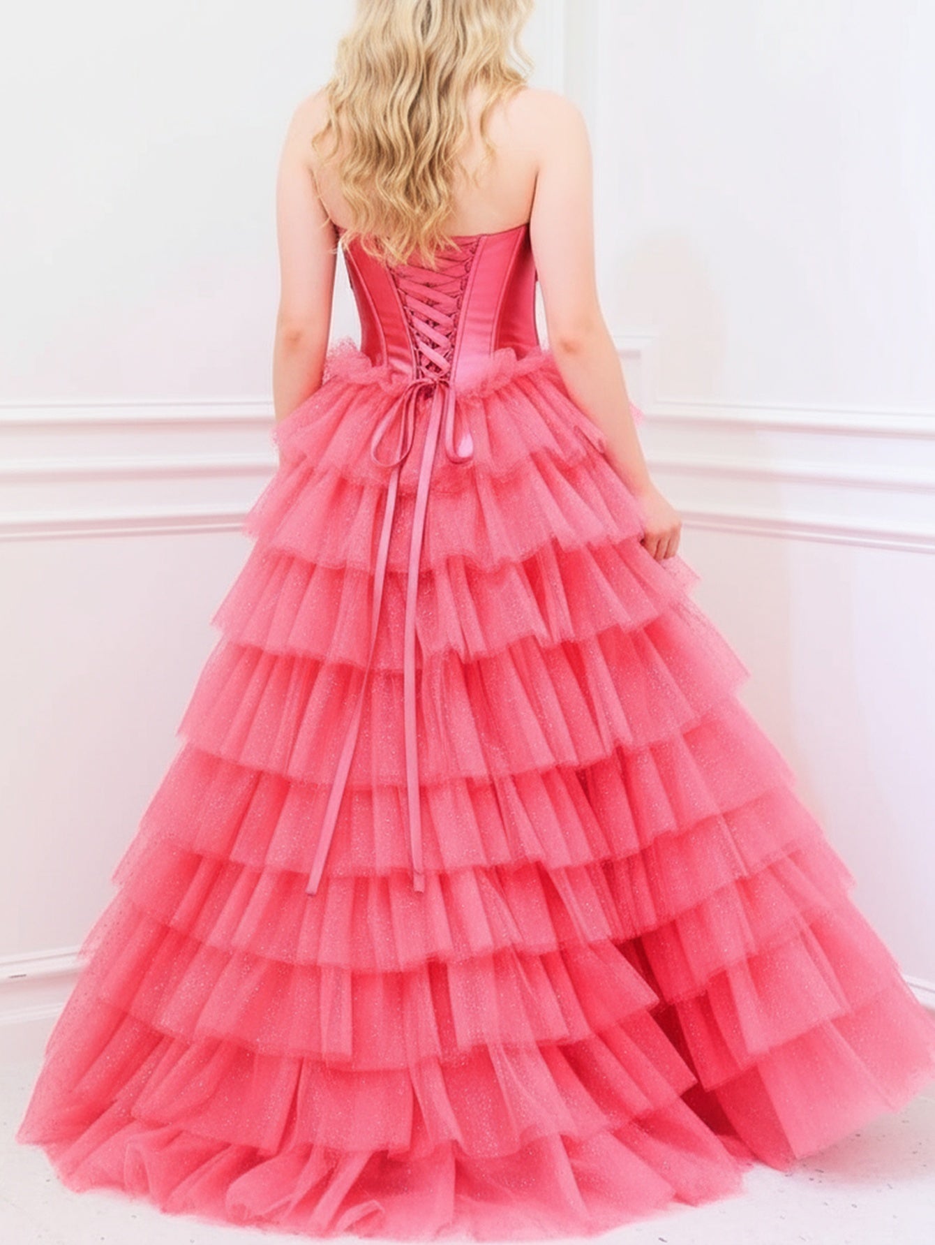 Strapless 3D Flower Lace Up Pleated Bodice Ball Gown Prom Dress - Pink