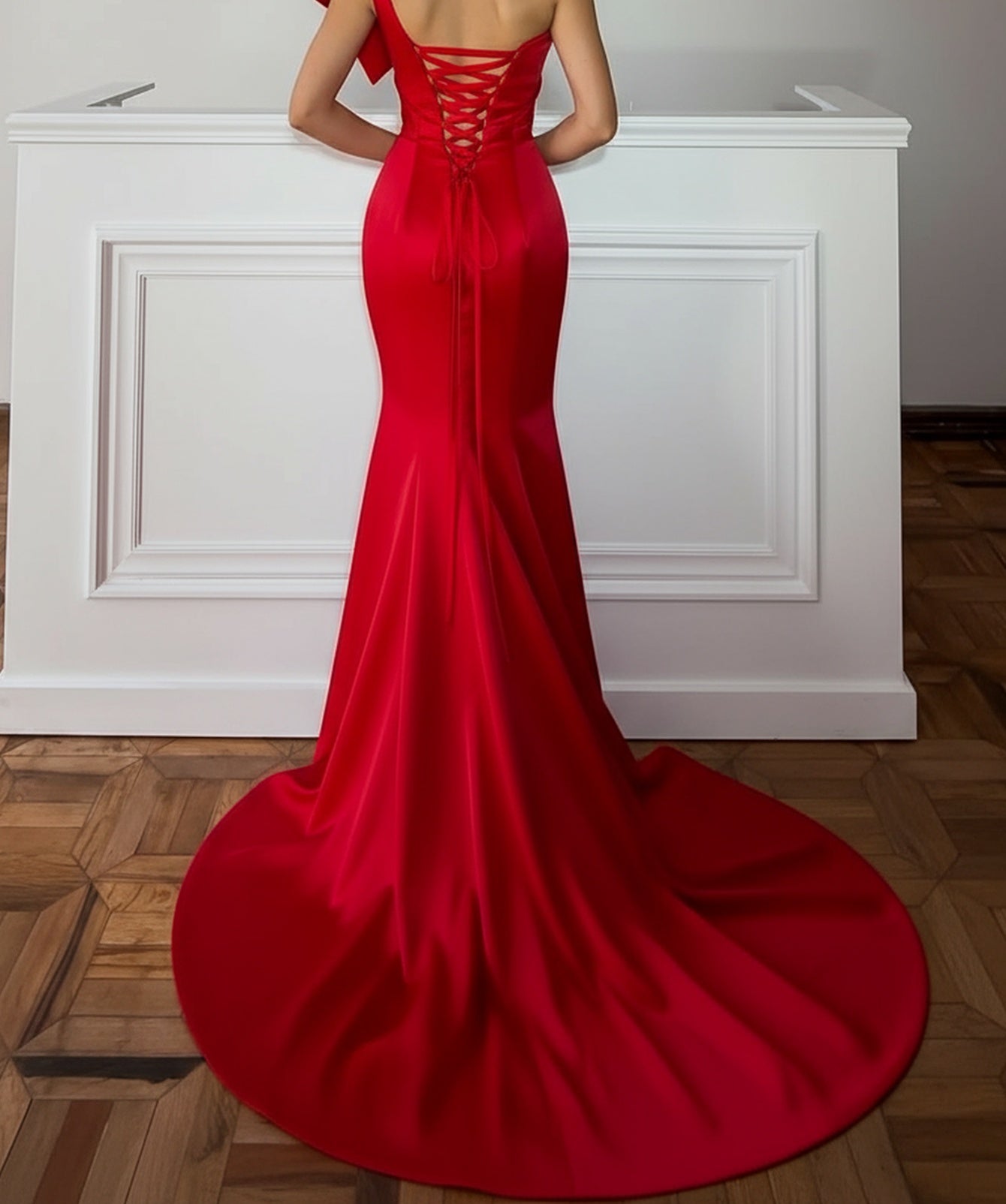 One Shoulder Beading 3D Flower Ruched Bodice Mermaid Prom Dress With Drop - Red