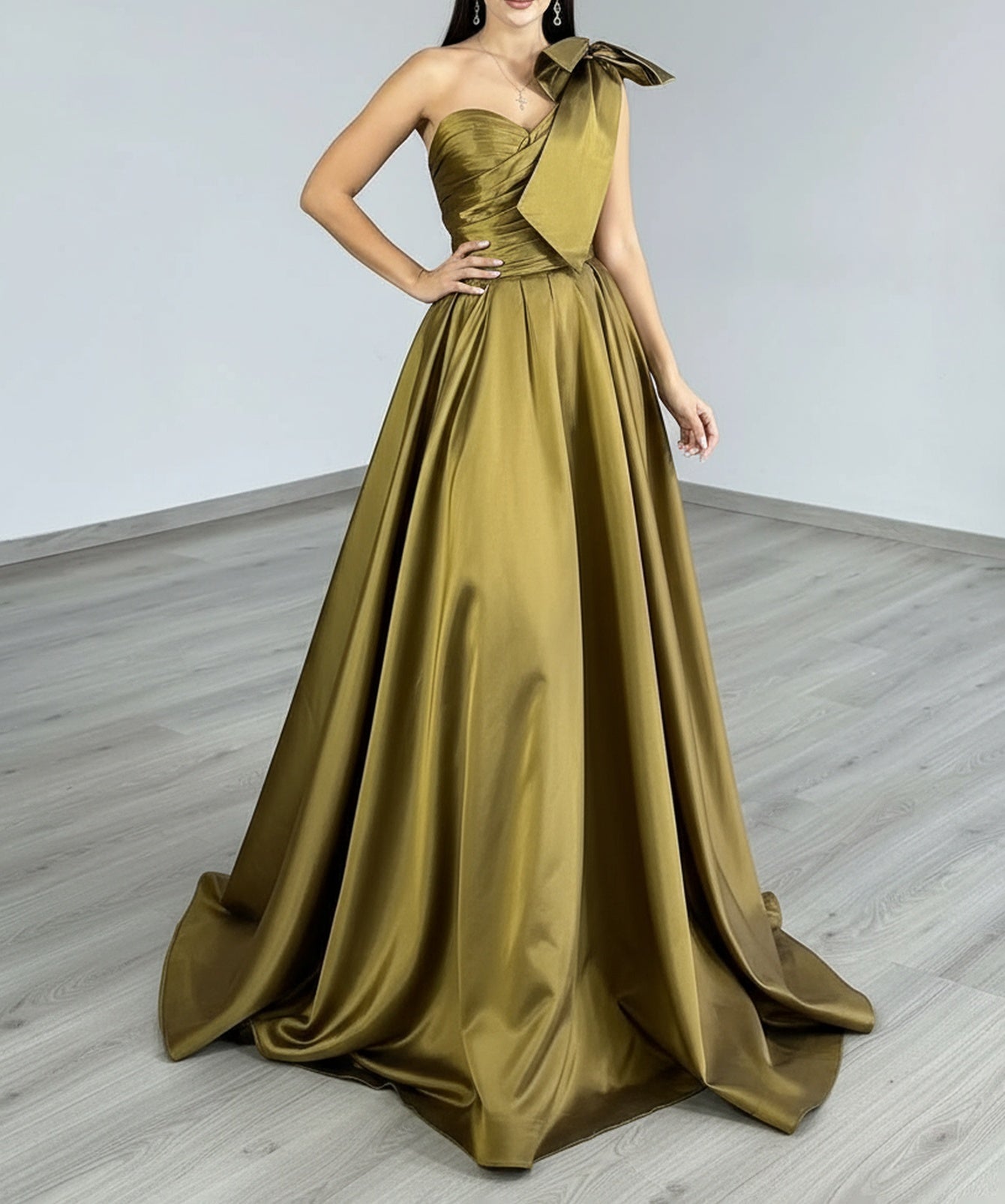 One Shoulder Ruched Big Bow Bodice Ball Gown Prom Dress - Olive Green